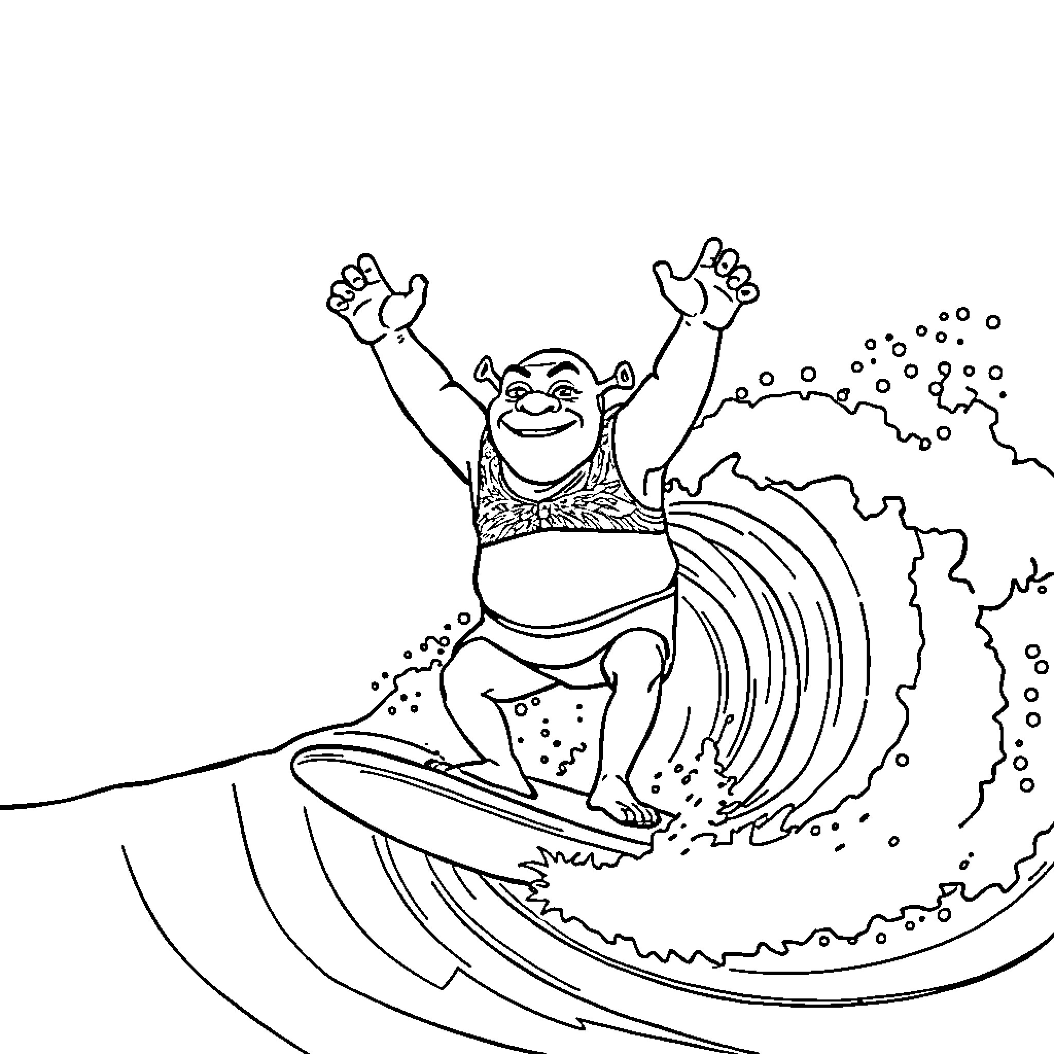 Shrek Surfing Through the Waves Coloring Page (free black-and-white line drawing printable PDF for all, from beginners to advanced learners, including children, teens, adults, and seniors)