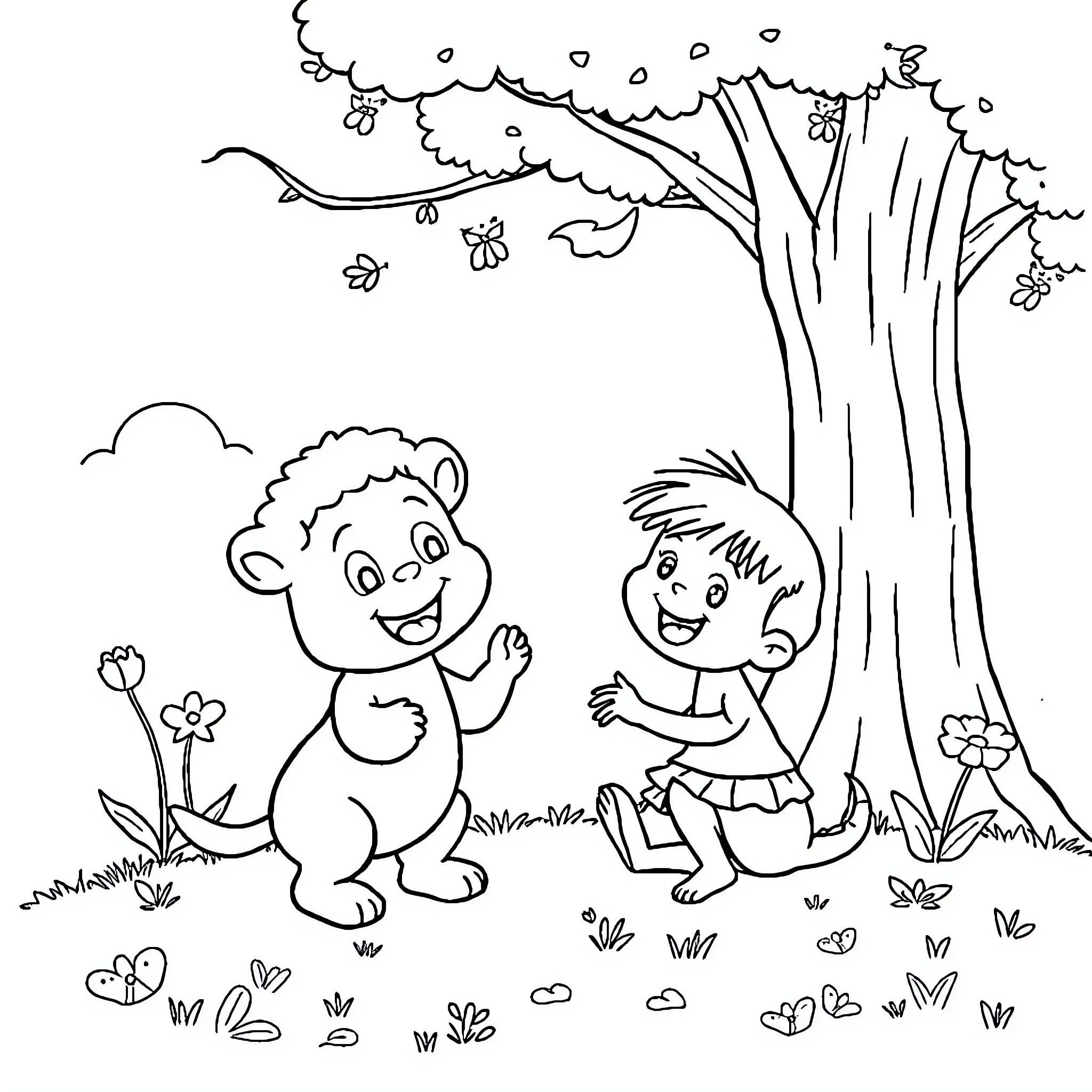 Story of Two Happy Children Playing in the Park Coloring Page (free black-and-white line drawing printable PDF for all, from beginners to advanced learners, including children, teens, adults, and seniors)