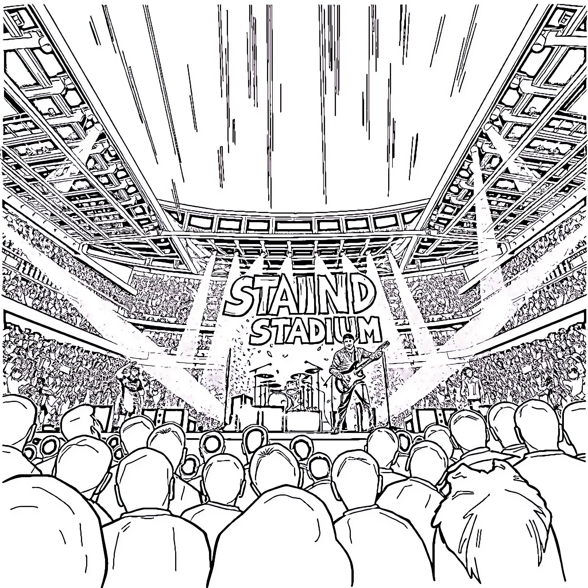 Staind Stadium - Lively Rock Concert Performance Coloring Page (free black-and-white line drawing printable PDF for all, from beginners to advanced learners, including children, teens, adults, and seniors)
