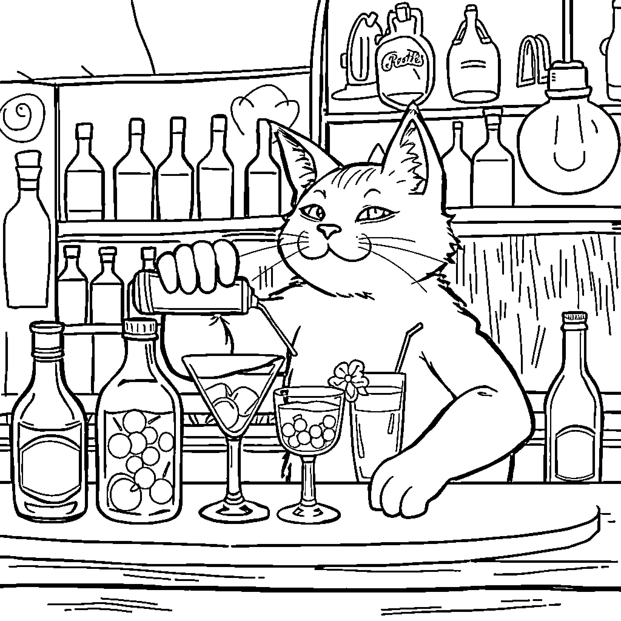 Cat enjoying drinks at a bar Coloring Page (free black-and-white line drawing printable PDF for all, from beginners to advanced learners, including children, teens, adults, and seniors)