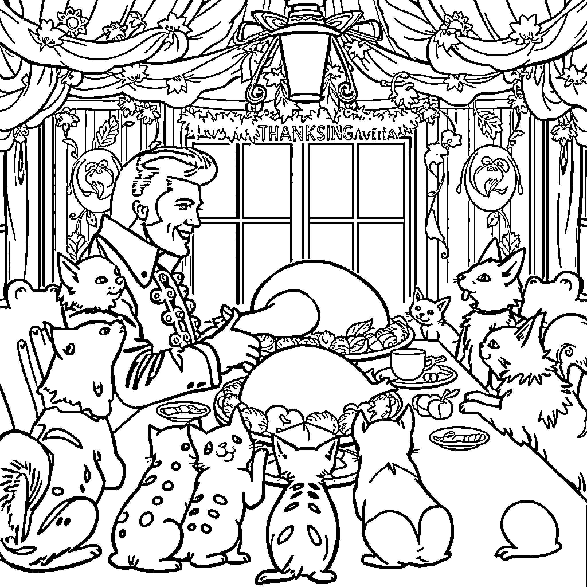 Elvis enjoys a Thanksgiving feast with his animal friends Coloring Page (free black-and-white line drawing printable PDF for all, from beginners to advanced learners, including children, teens, adults, and seniors)