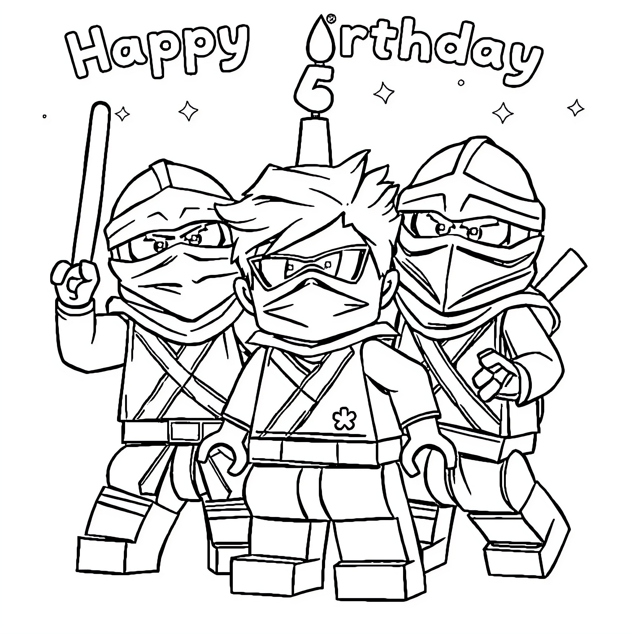 Ninjago characters celebrating a birthday party Coloring Page (free black-and-white line drawing printable PDF for all, from beginners to advanced learners, including children, teens, adults, and seniors)