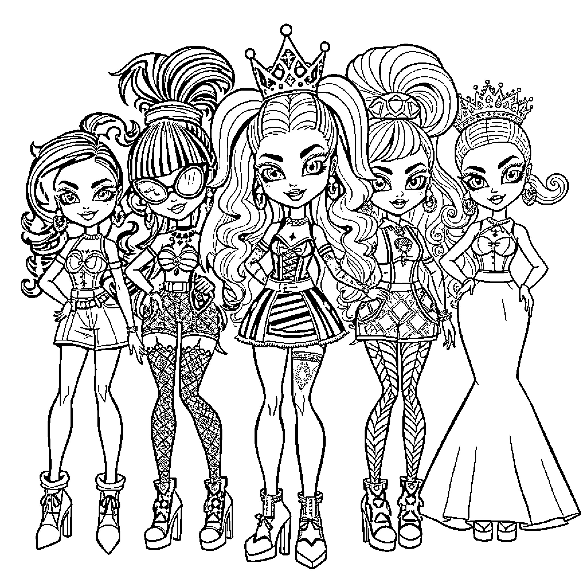 Queen and her royal court in stylish attire Coloring Page (free black-and-white line drawing printable PDF for all, from beginners to advanced learners, including children, teens, adults, and seniors)