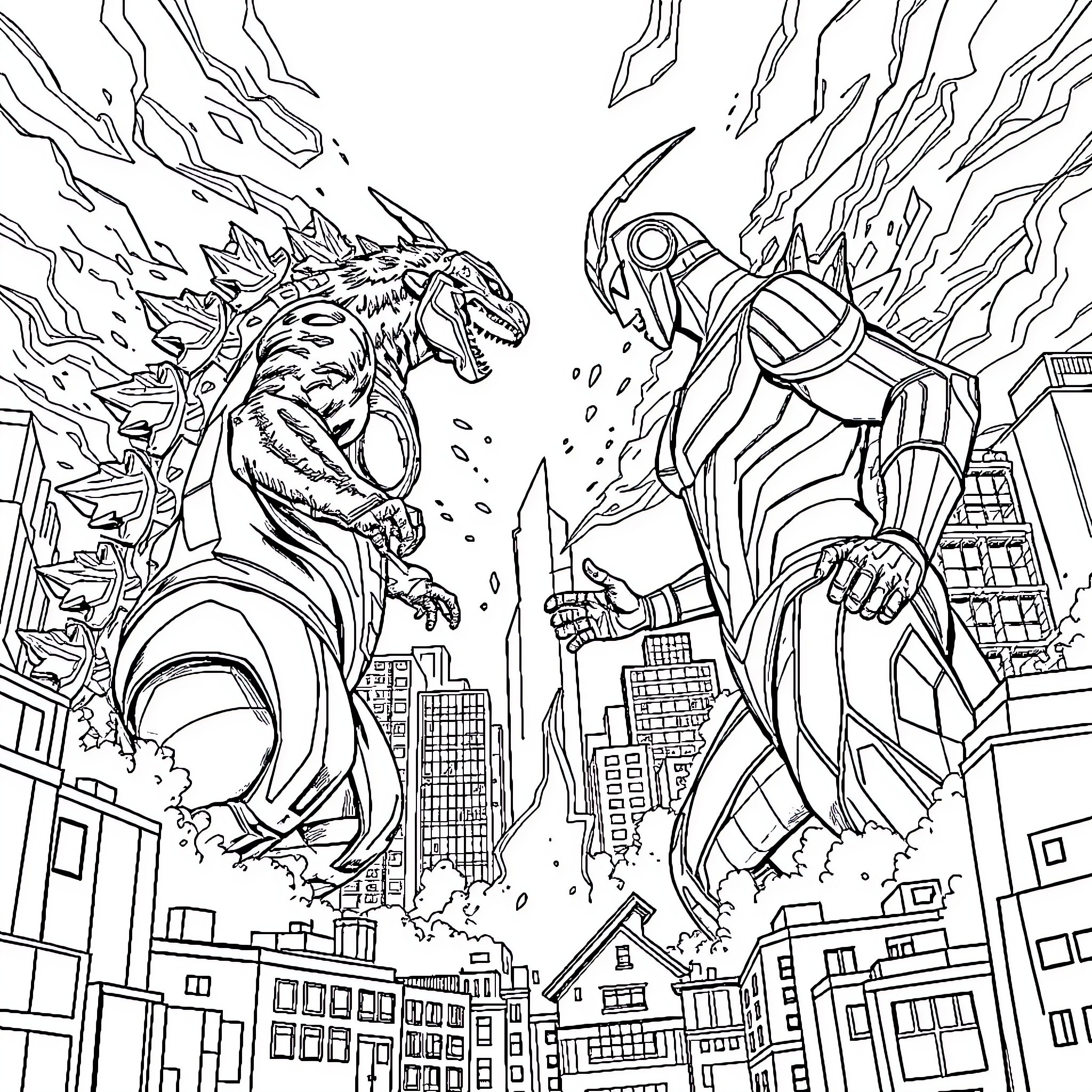 Ultraman battles a monstrous creature in the city Coloring Page (free black-and-white line drawing printable PDF for all, from beginners to advanced learners, including children, teens, adults, and seniors)