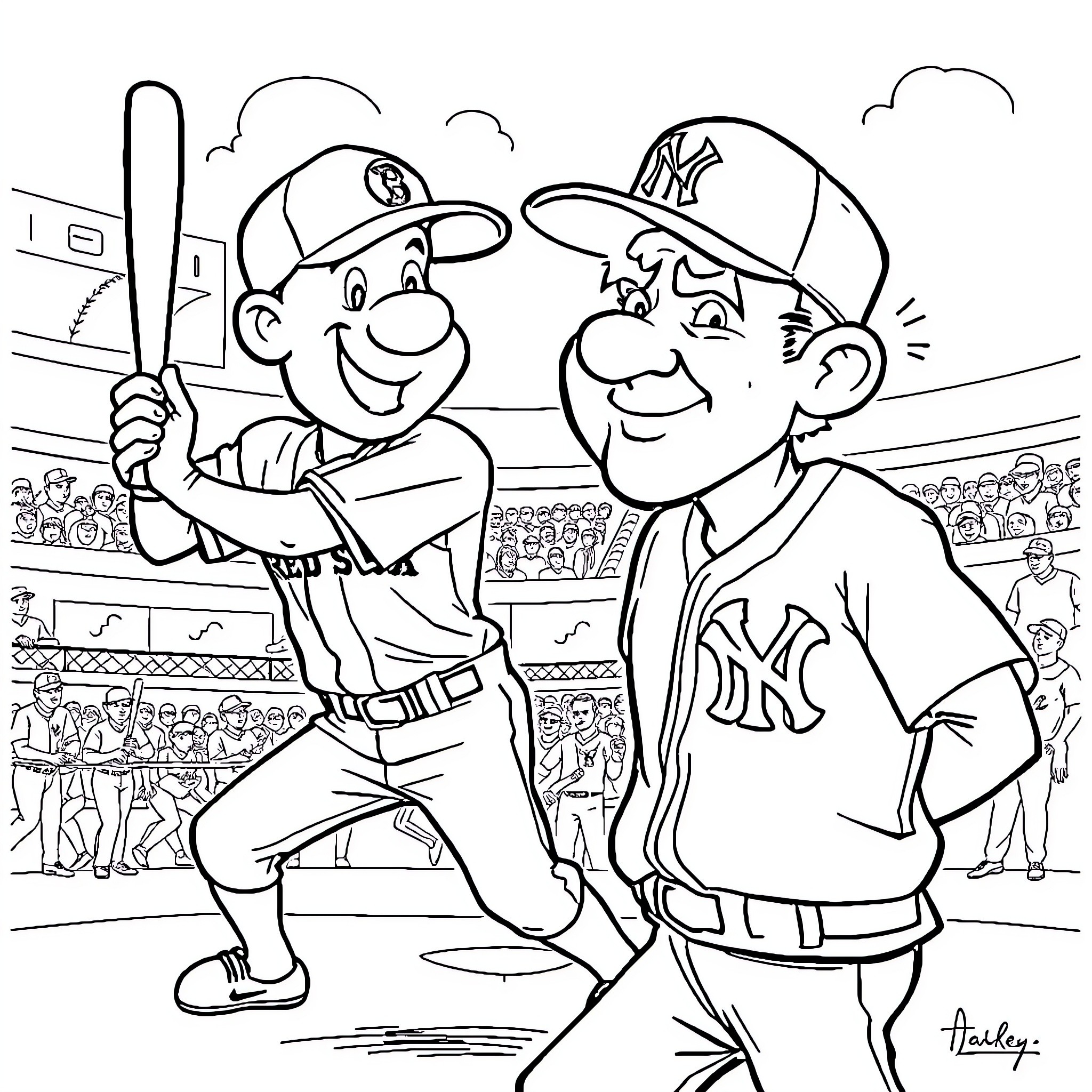 Boston Red Sox players celebrating victory on the field Coloring Page (free black-and-white line drawing printable PDF for all, from beginners to advanced learners, including children, teens, adults, and seniors)