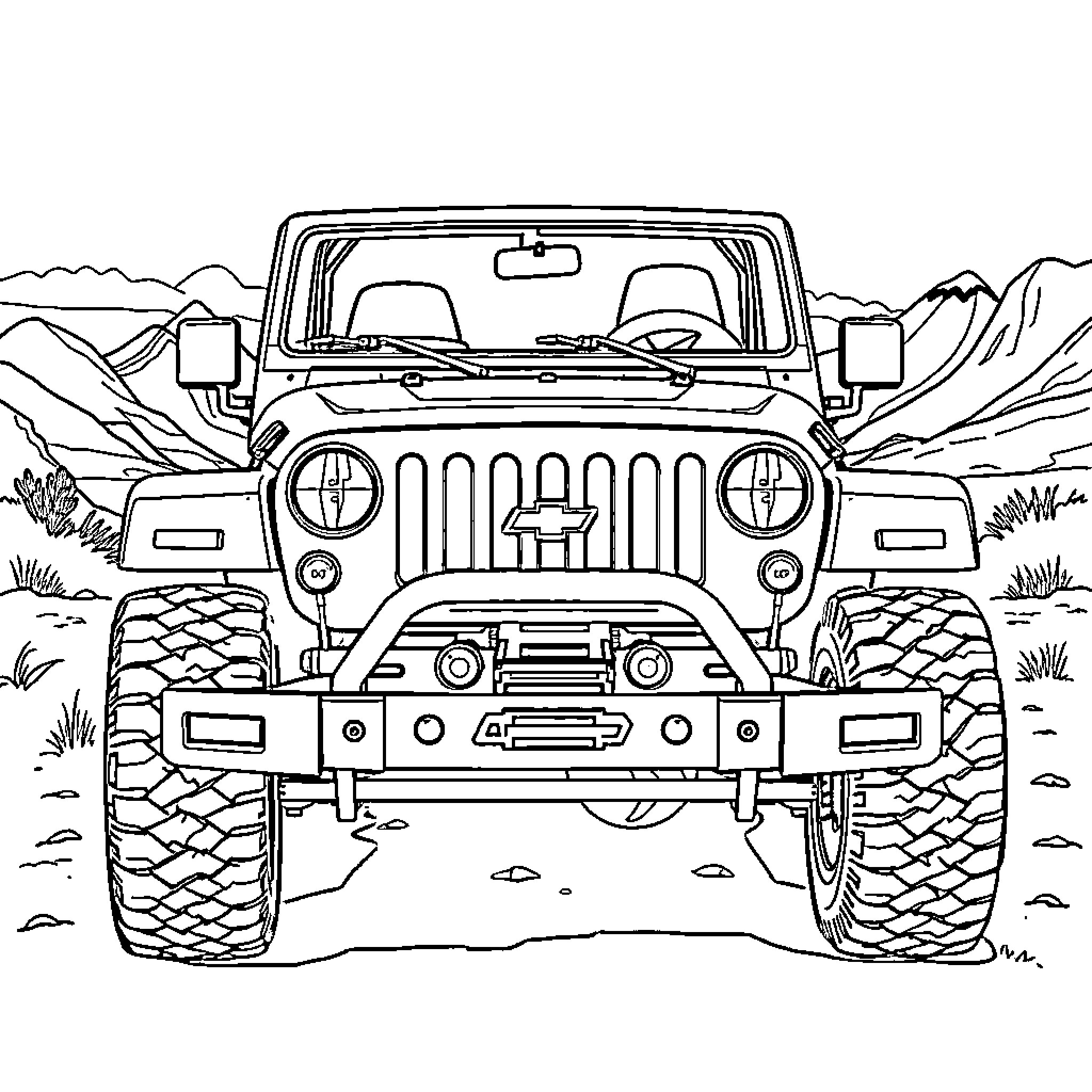 Chevy off-road adventure in the mountains Coloring Page (free black-and-white line drawing printable PDF for all, from beginners to advanced learners, including children, teens, adults, and seniors)