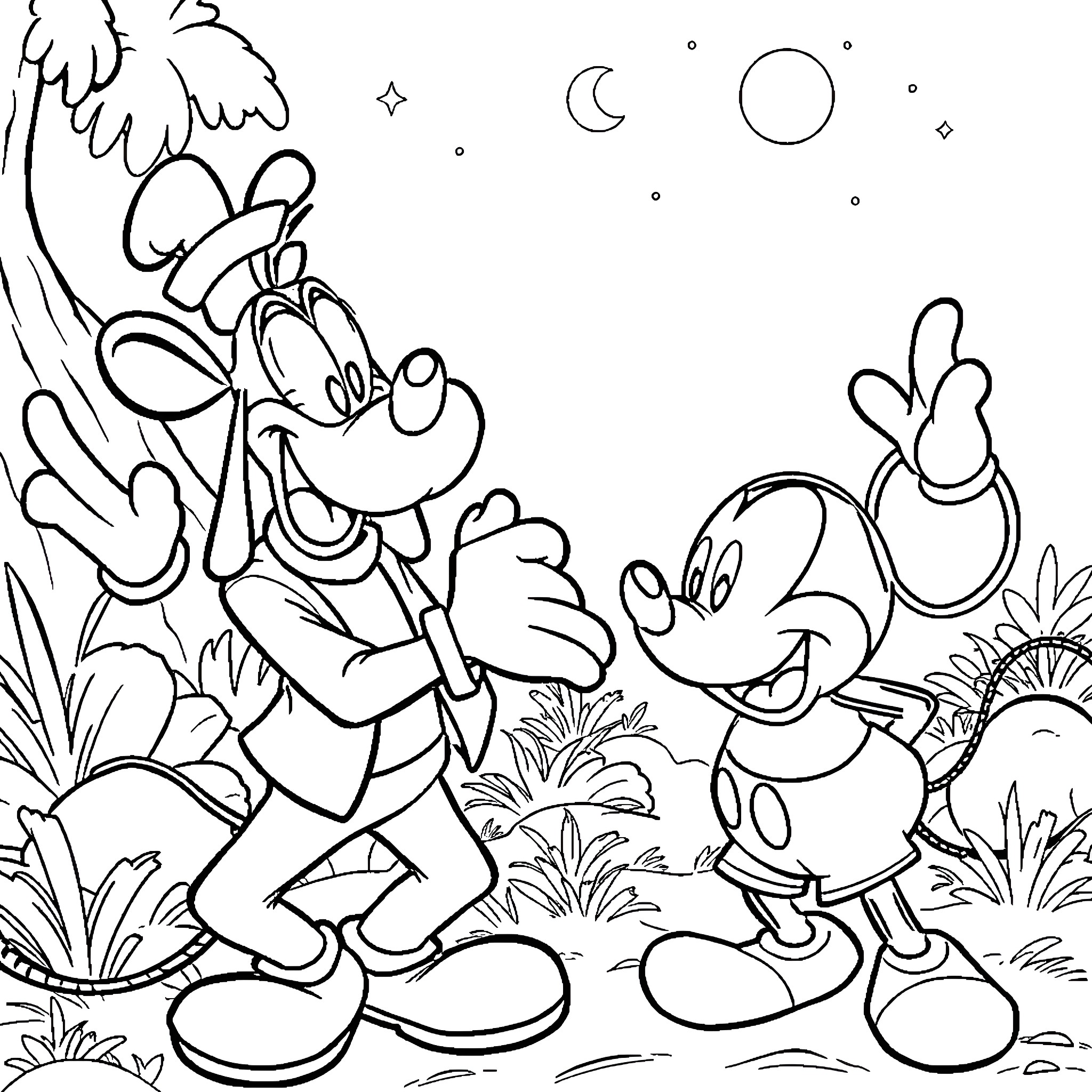 Goofy characters playing and dancing in a fantasy scene Coloring Page (free black-and-white line drawing printable PDF for all, from beginners to advanced learners, including children, teens, adults, and seniors)