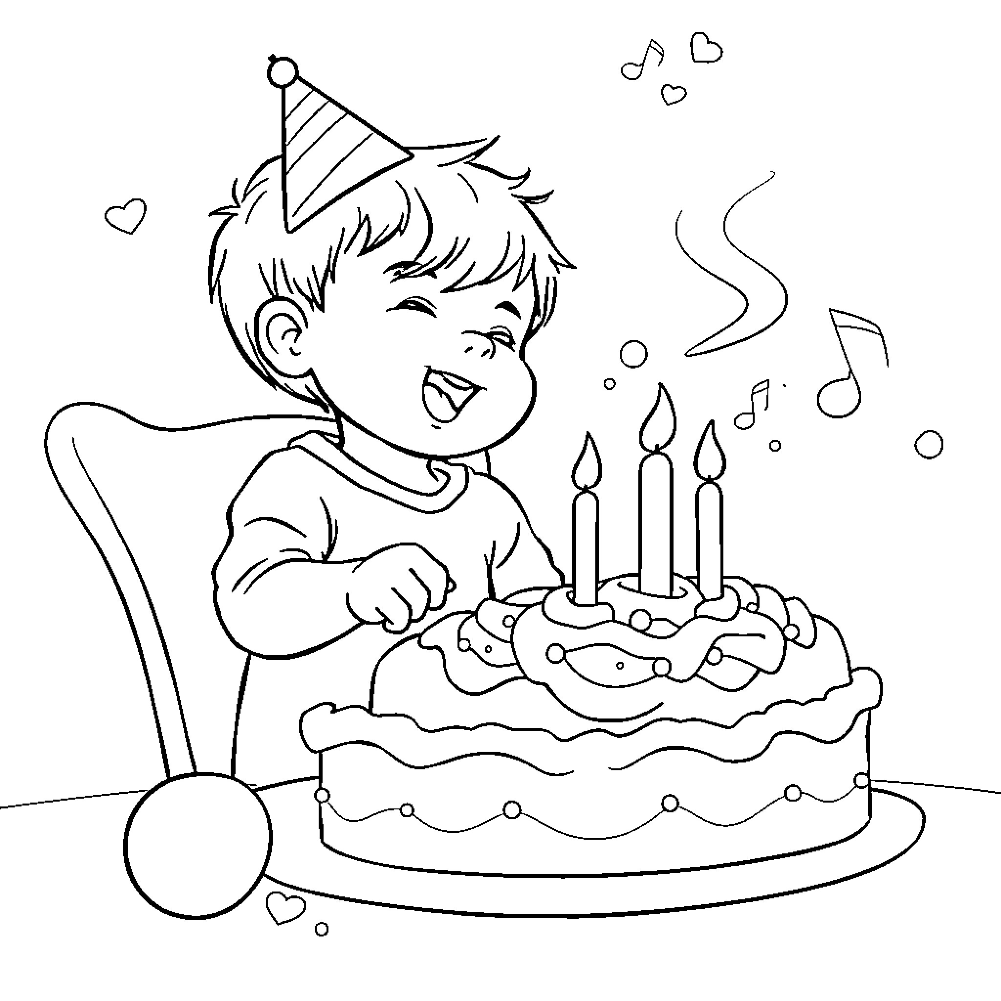 Child celebrating birthday with cake and candles Coloring Page (free black-and-white line drawing printable PDF for all, from beginners to advanced learners, including children, teens, adults, and seniors)