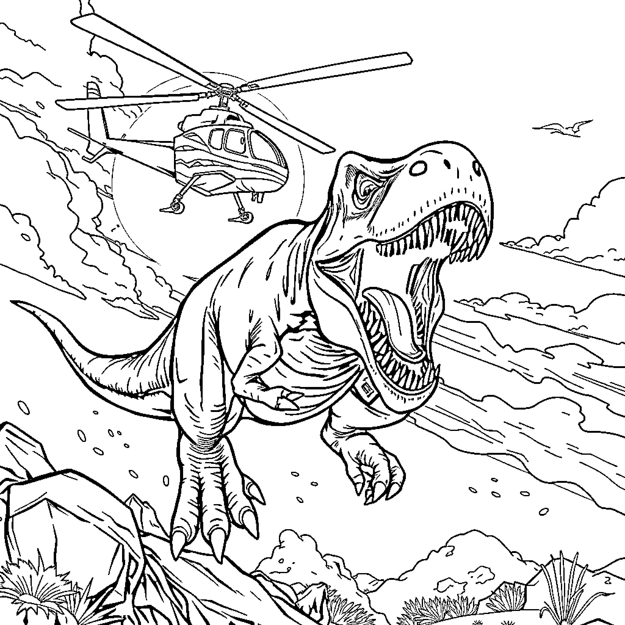 Dino Dinosaur Chasing Helicopter in Stormy Landscape Coloring Page (free black-and-white line drawing printable PDF for all, from beginners to advanced learners, including children, teens, adults, and seniors)
