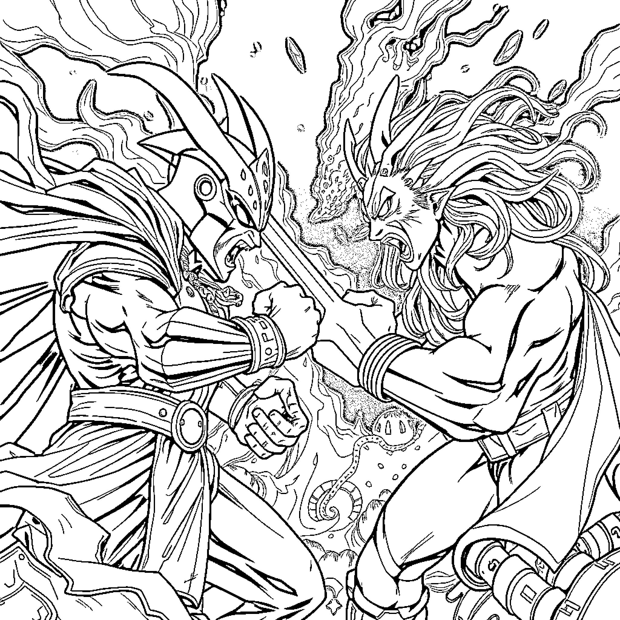 Shadic Battle of Powerful Titans Coloring Page (free black-and-white line drawing printable PDF for all, from beginners to advanced learners, including children, teens, adults, and seniors)