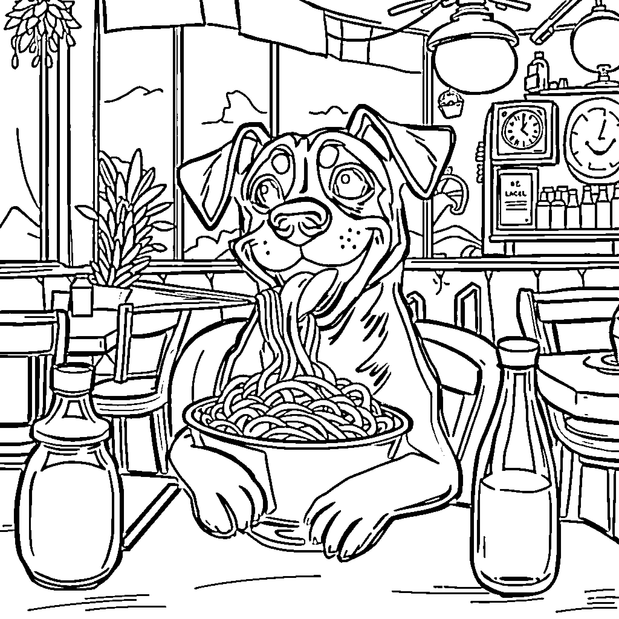 Dog enjoying a meal in a cozy cafe Coloring Page (free black-and-white line drawing printable PDF for all, from beginners to advanced learners, including children, teens, adults, and seniors)