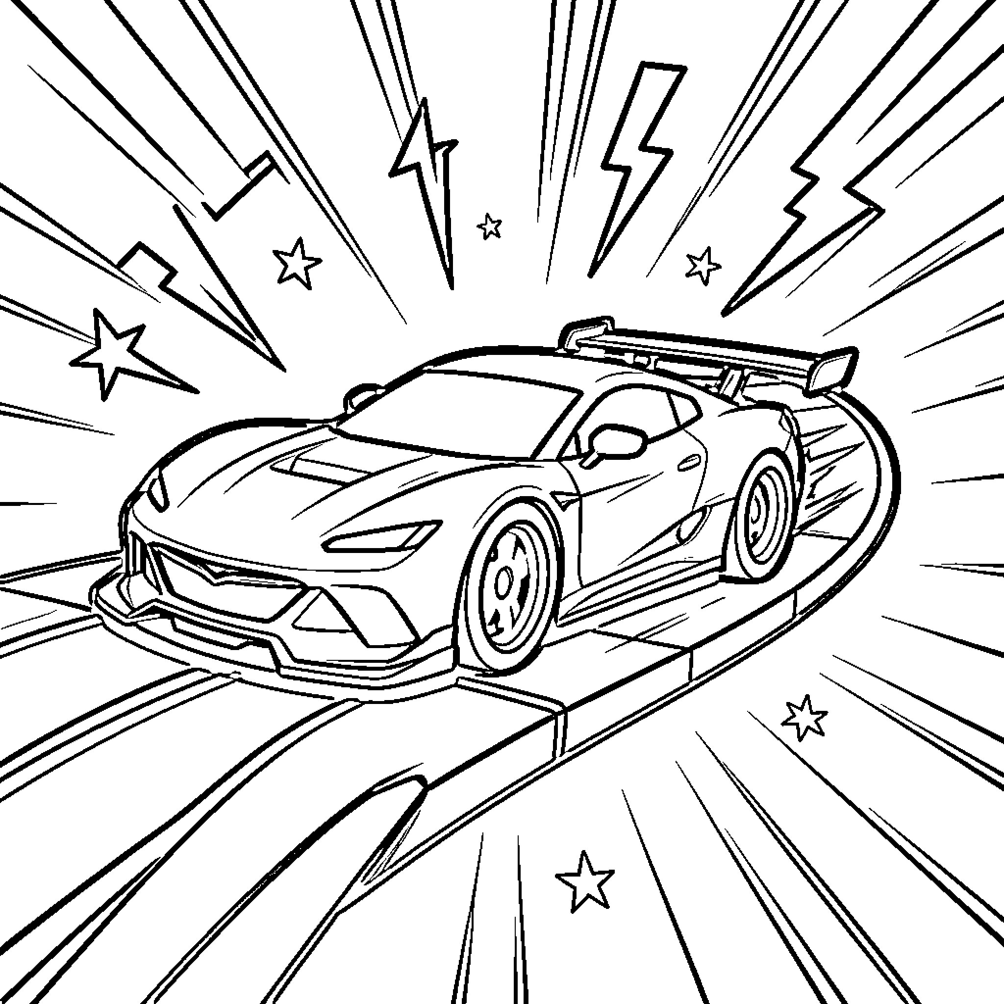 Car speeding fast with lightning and stars Coloring Page (free black-and-white line drawing printable PDF for all, from beginners to advanced learners, including children, teens, adults, and seniors)