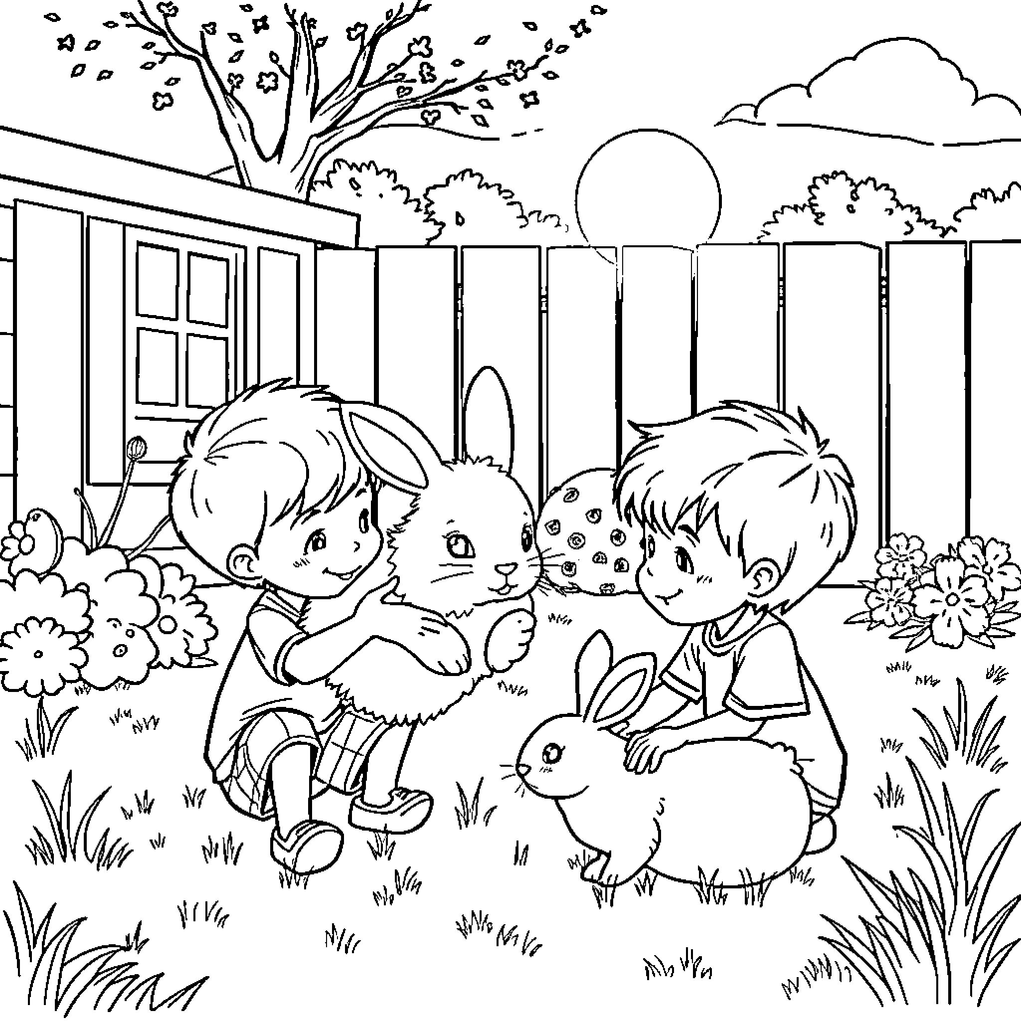 Boy playing with bunnies in the backyard Coloring Page (free black-and-white line drawing printable PDF for all, from beginners to advanced learners, including children, teens, adults, and seniors)