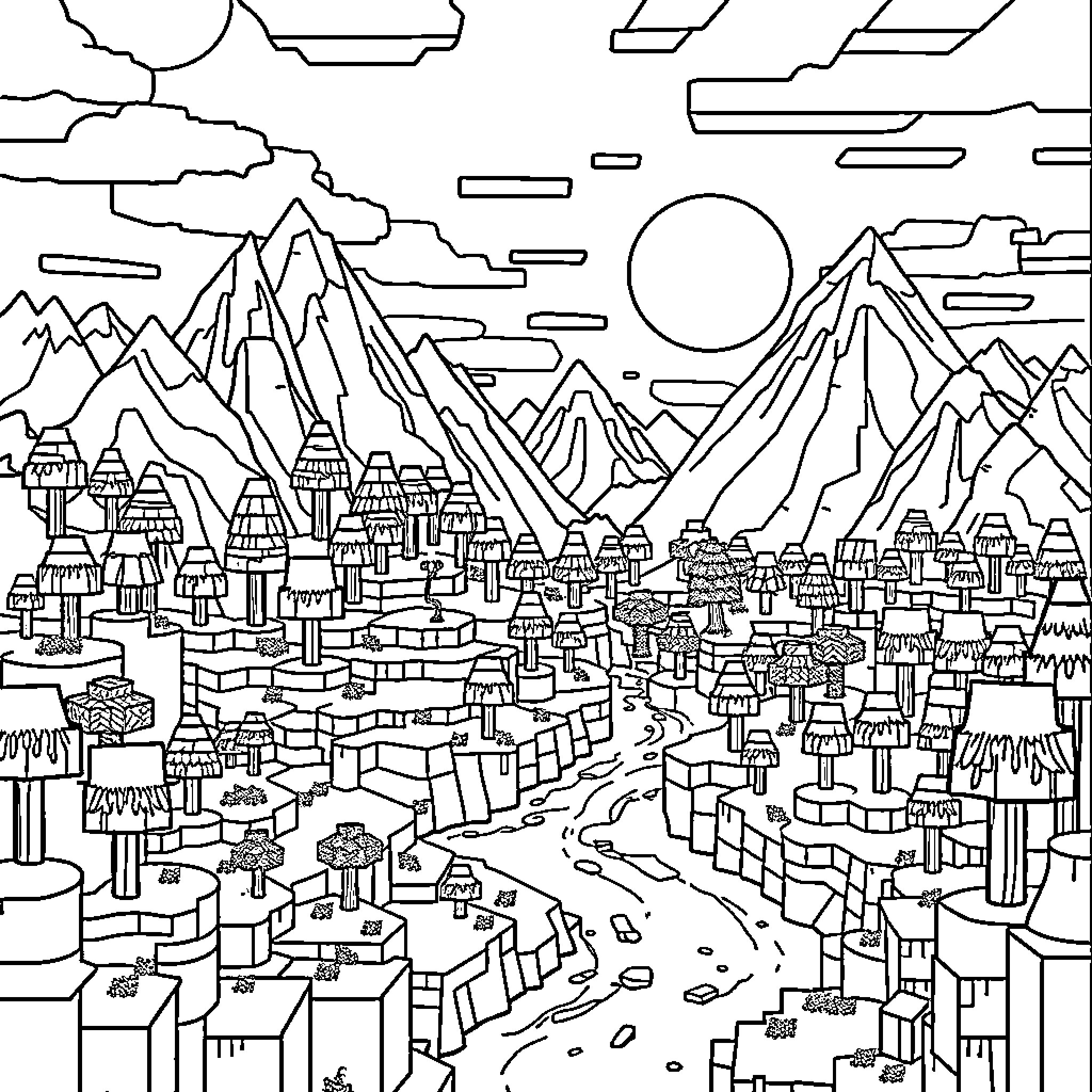 Minecraft Mountain Village Landscape Coloring Page (free black-and-white line drawing printable PDF for all, from beginners to advanced learners, including children, teens, adults, and seniors)