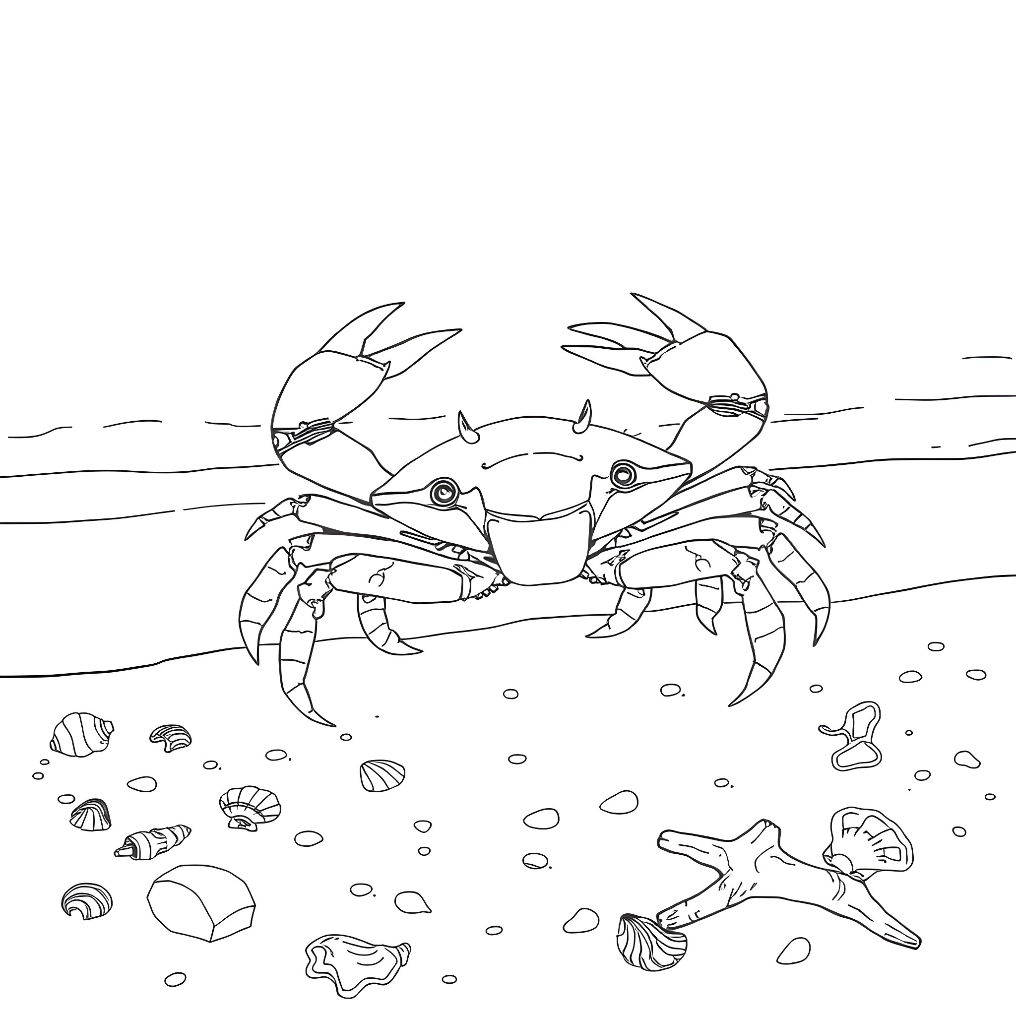 King Crab exploring the seabed with marine life Coloring Page (free black-and-white line drawing printable PDF for all, from beginners to advanced learners, including children, teens, adults, and seniors)