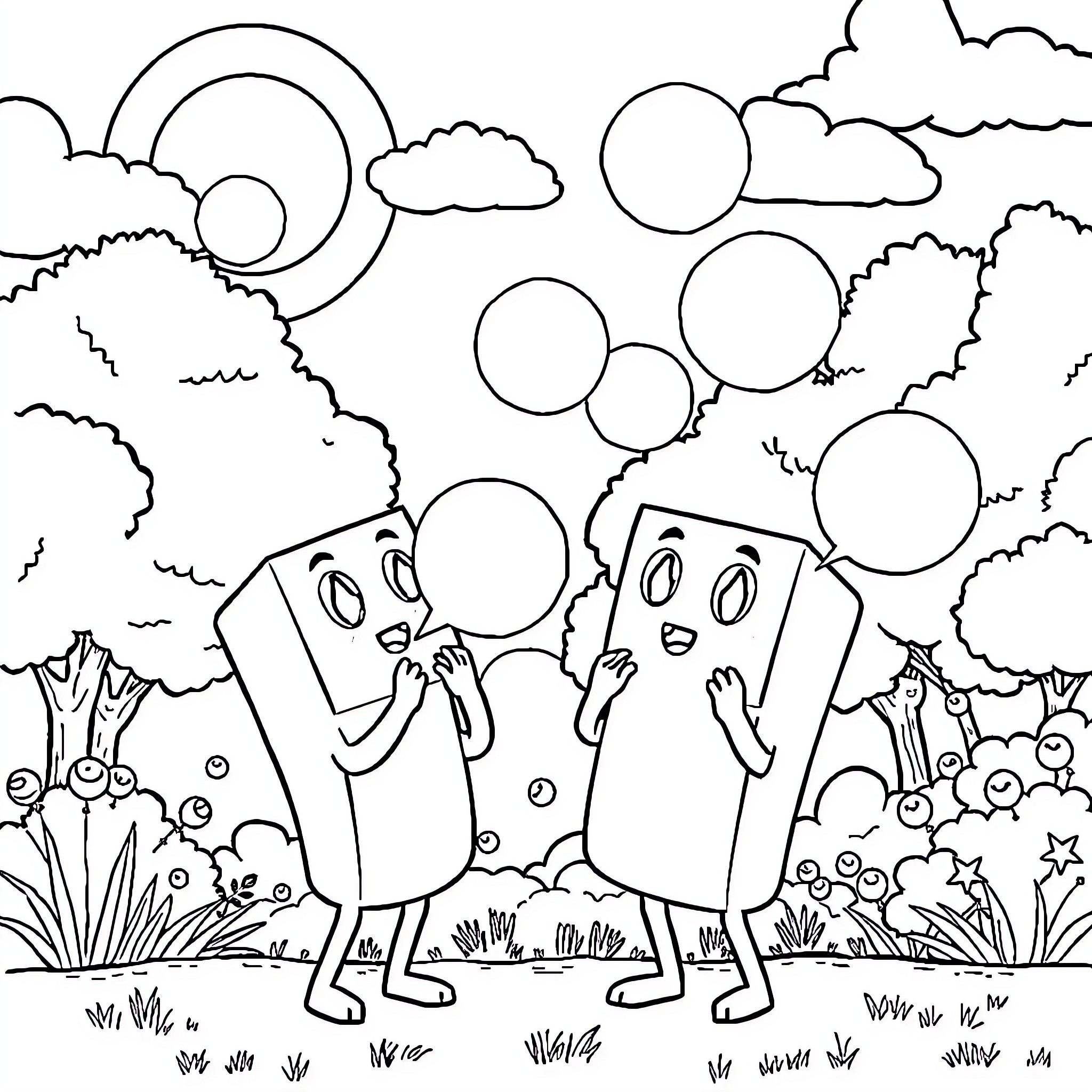 Lanky Box characters playing in colorful landscape Coloring Page (free black-and-white line drawing printable PDF for all, from beginners to advanced learners, including children, teens, adults, and seniors)