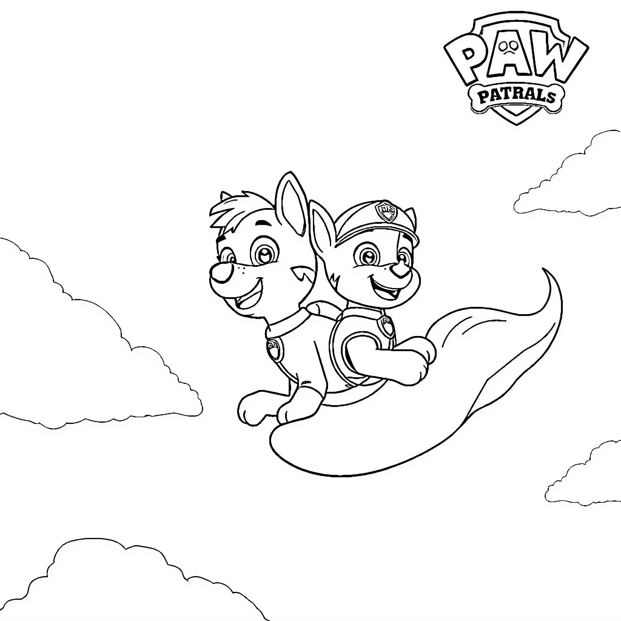 Sky Patrol Pups Soaring Adventure Coloring Page (free black-and-white line drawing printable PDF for all, from beginners to advanced learners, including children, teens, adults, and seniors)