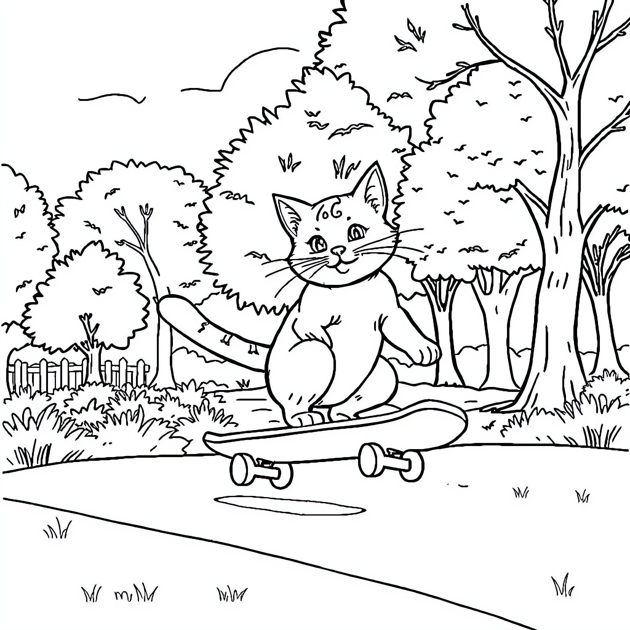 Cat riding a skateboard in the park Coloring Page (free black-and-white line drawing printable PDF for all, from beginners to advanced learners, including children, teens, adults, and seniors)