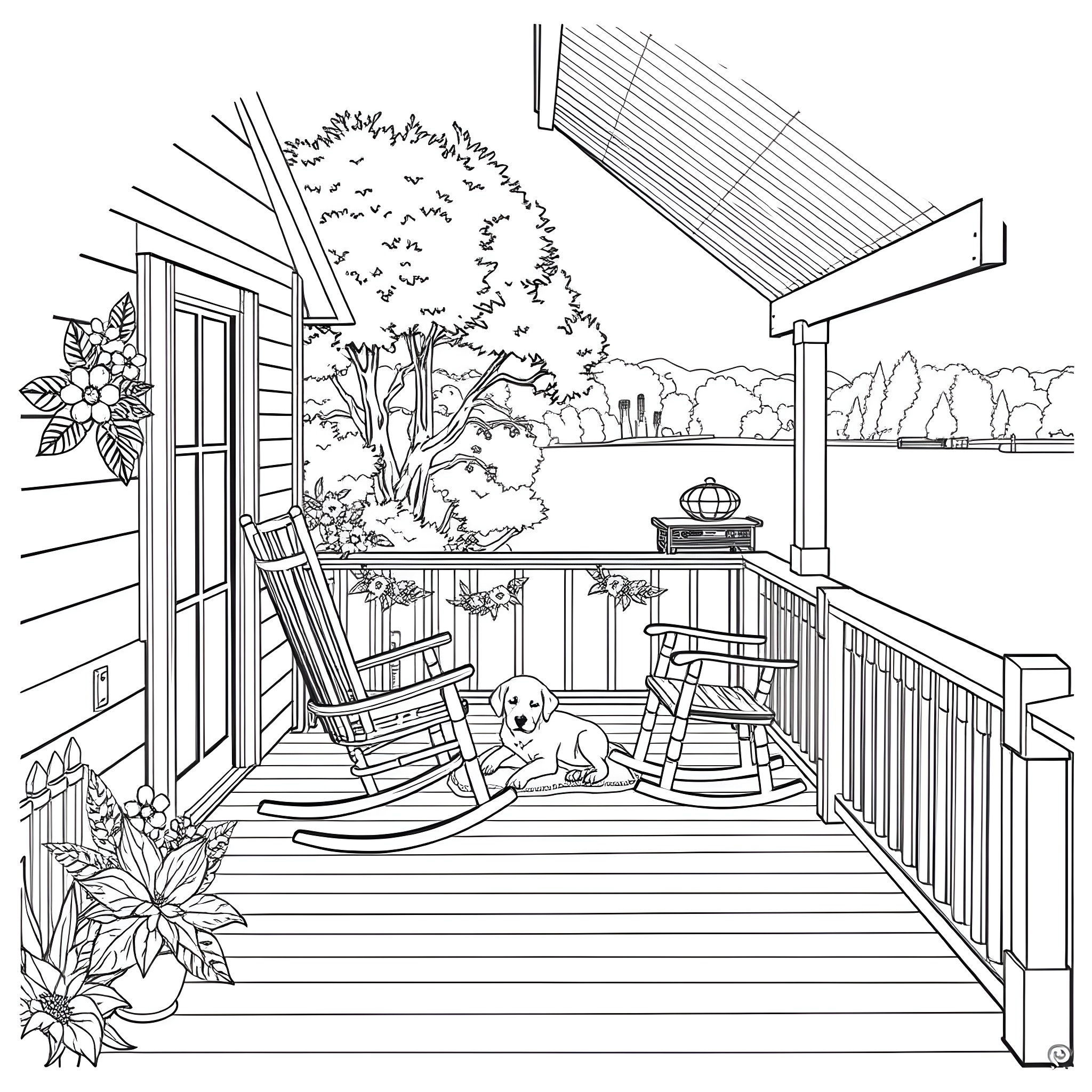 Cottage with cozy porch and outdoor furniture Coloring Page (free black-and-white line drawing printable PDF for all, from beginners to advanced learners, including children, teens, adults, and seniors)
