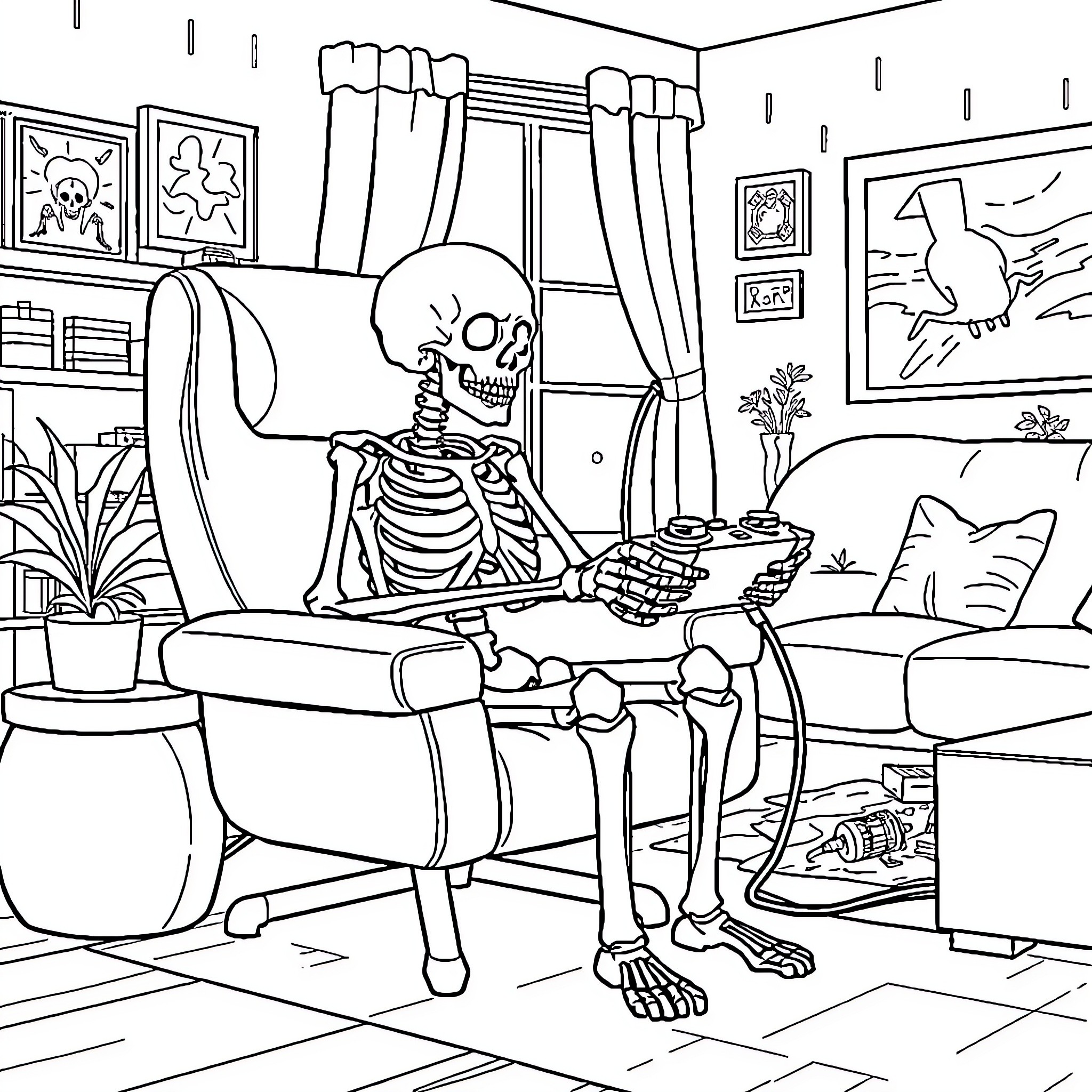 Skeleton relaxing in cozy living room Coloring Page (free black-and-white line drawing printable PDF for all, from beginners to advanced learners, including children, teens, adults, and seniors)