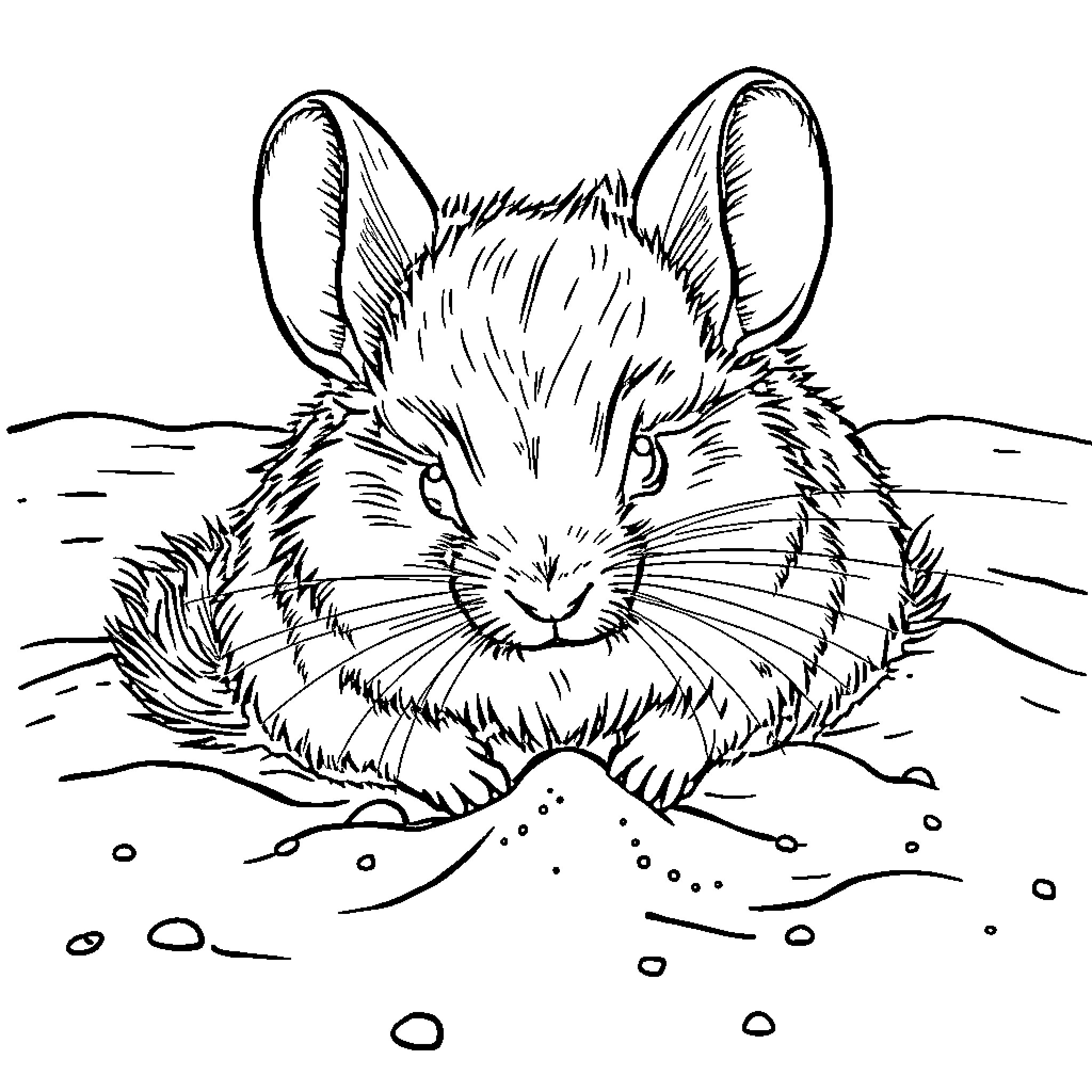 Chinchilla playing in the snow Coloring Page (free black-and-white line drawing printable PDF for all, from beginners to advanced learners, including children, teens, adults, and seniors)
