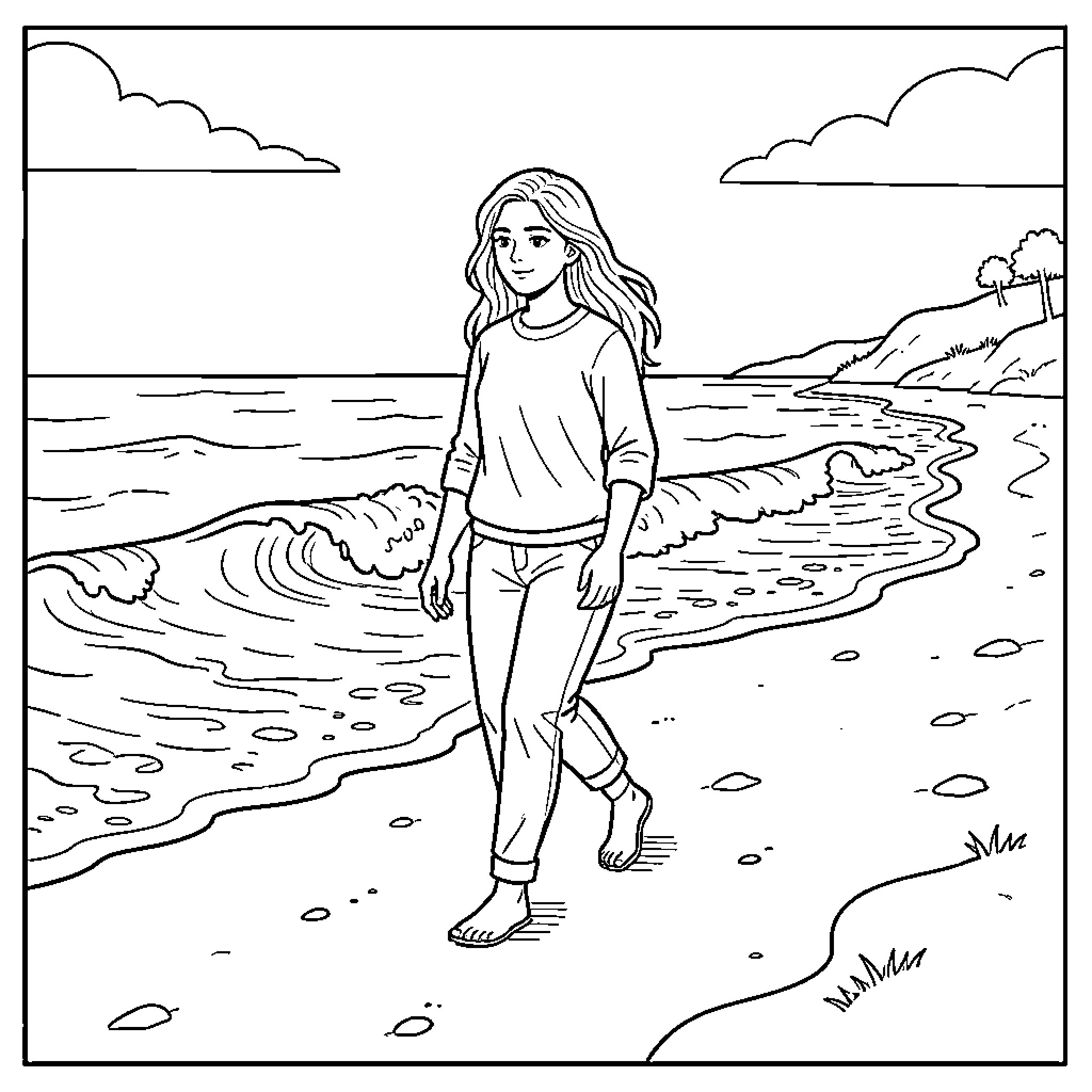 Sixseven young woman walking peacefully along the beach Coloring Page (free black-and-white line drawing printable PDF for all, from beginners to advanced learners, including children, teens, adults, and seniors)