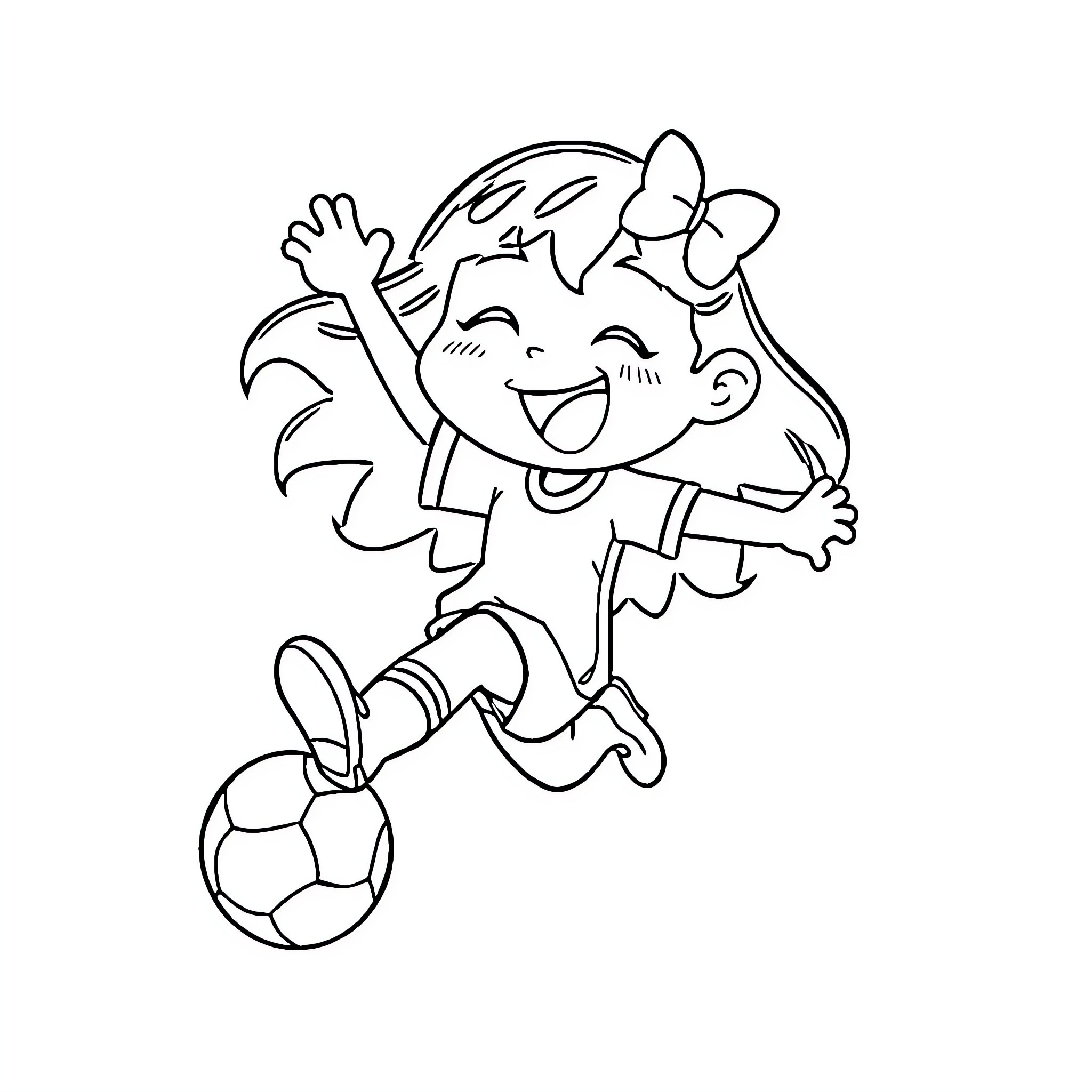 Kuromi joyfully playing with a soccer ball Coloring Page (free black-and-white line drawing printable PDF for all, from beginners to advanced learners, including children, teens, adults, and seniors)