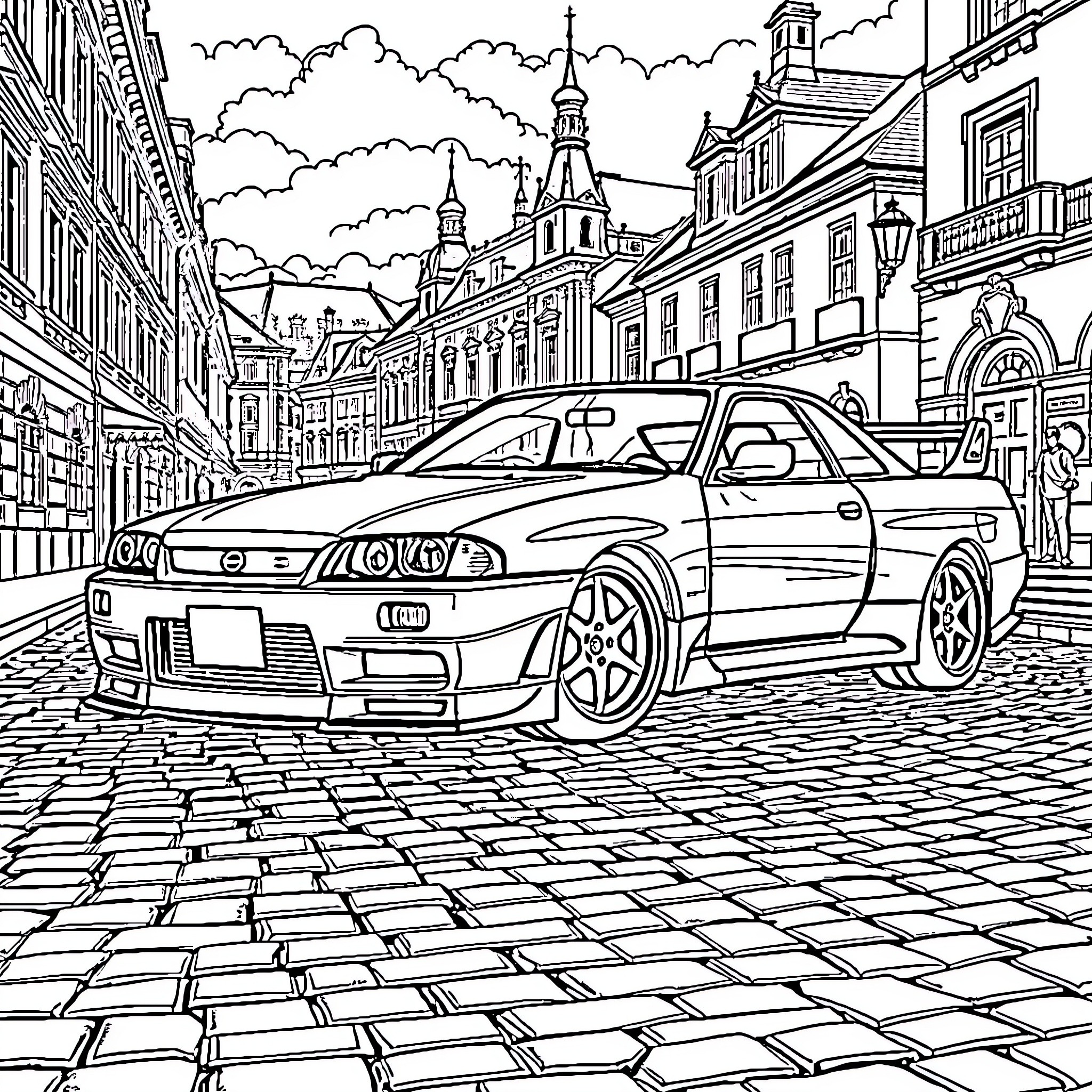 Nissan Skyline sports car on a historic European city street Coloring Page (free black-and-white line drawing printable PDF for all, from beginners to advanced learners, including children, teens, adults, and seniors)