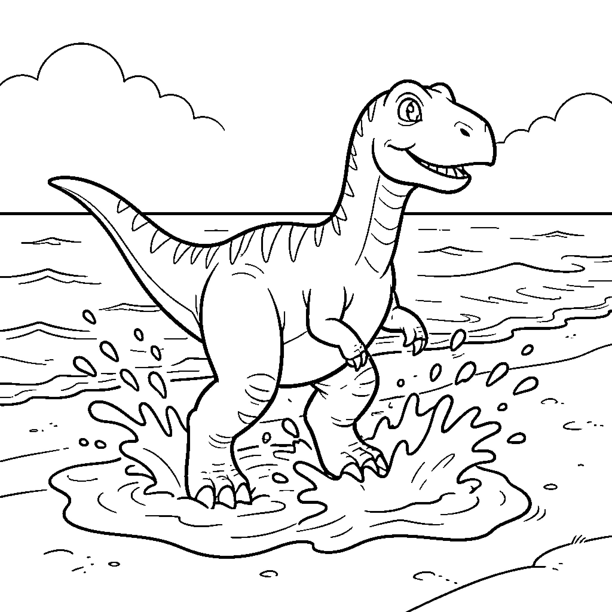 Dinosaur walking happily through ocean waves on a beach Coloring Page (free black-and-white line drawing printable PDF for all, from beginners to advanced learners, including children, teens, adults, and seniors)