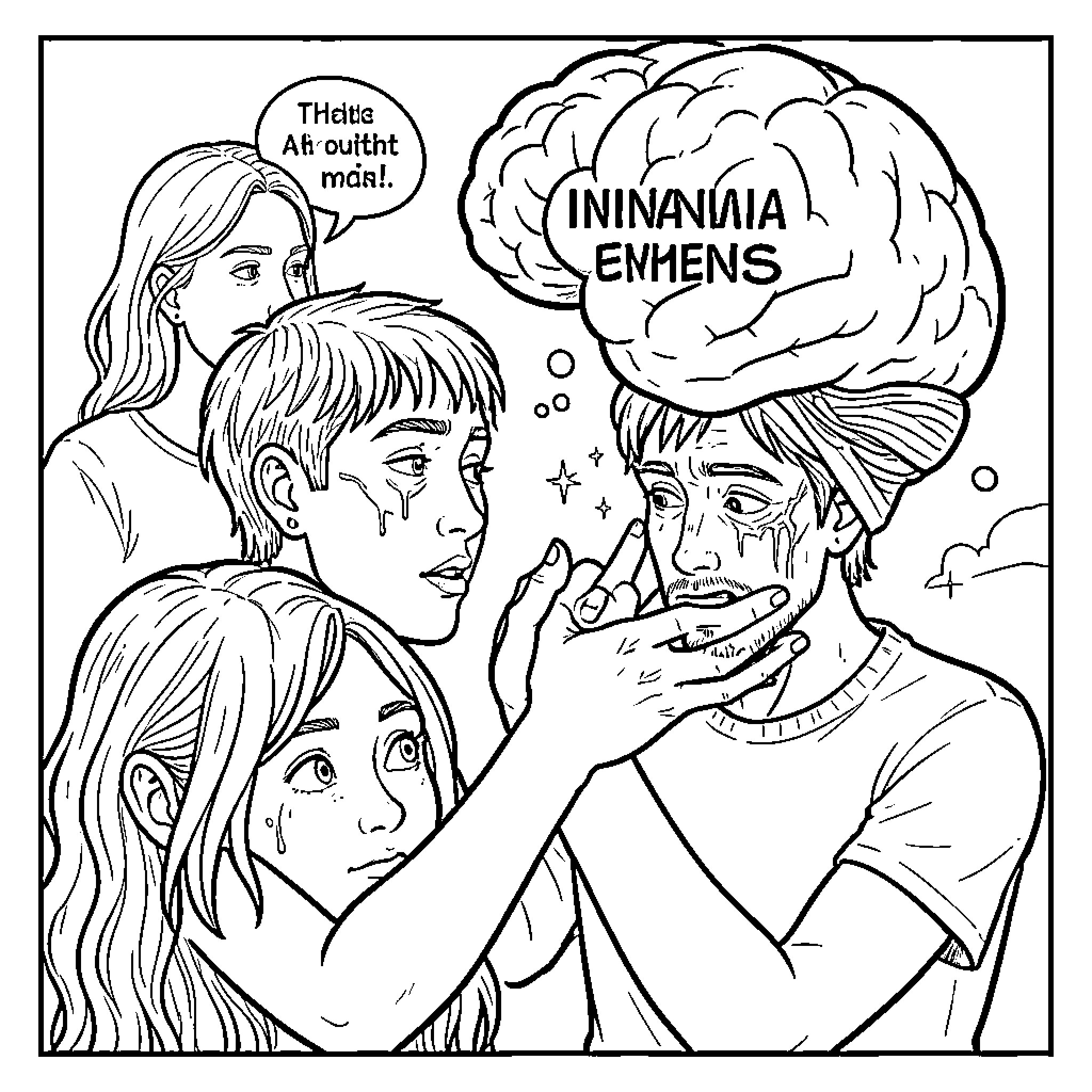 Mental Illness causing internal confusion amidst surrounding people Coloring Page (free black-and-white line drawing printable PDF for all, from beginners to advanced learners, including children, teens, adults, and seniors)