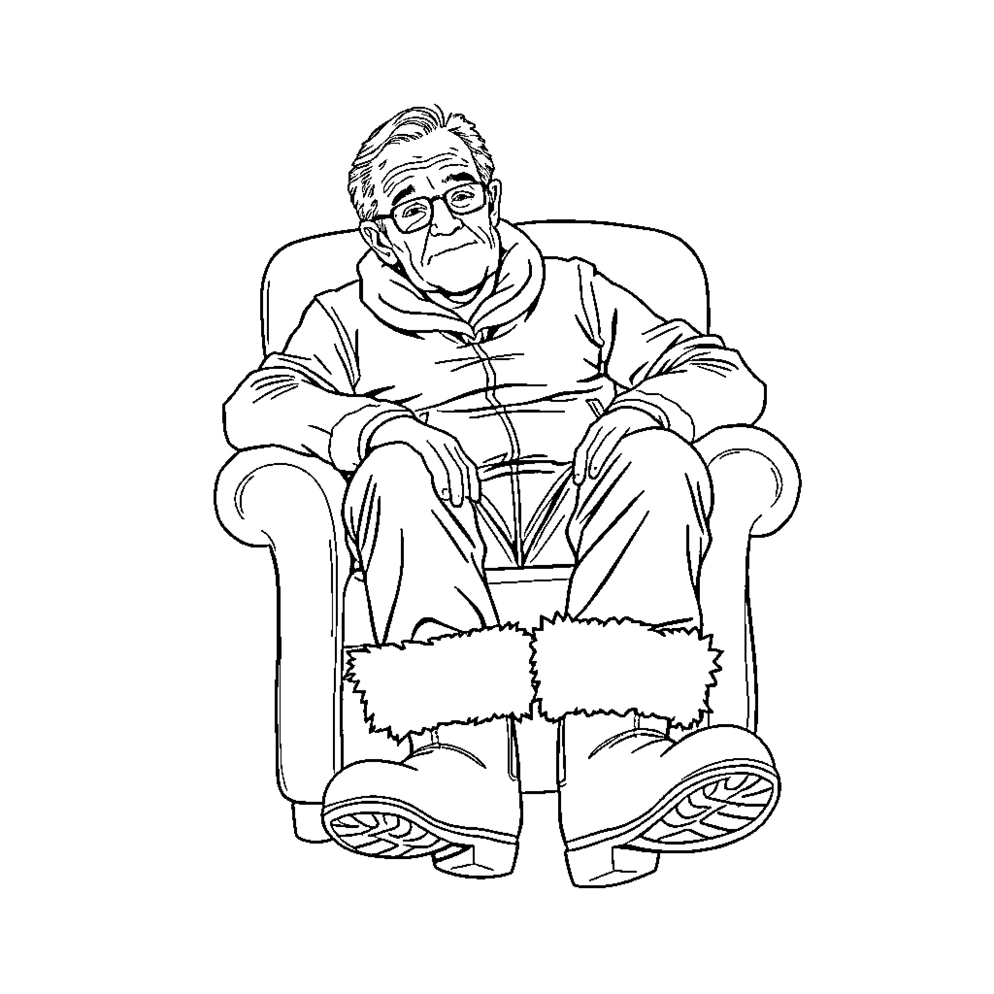 Man sitting comfortably in an armchair Coloring Page (free black-and-white line drawing printable PDF for all, from beginners to advanced learners, including children, teens, adults, and seniors)