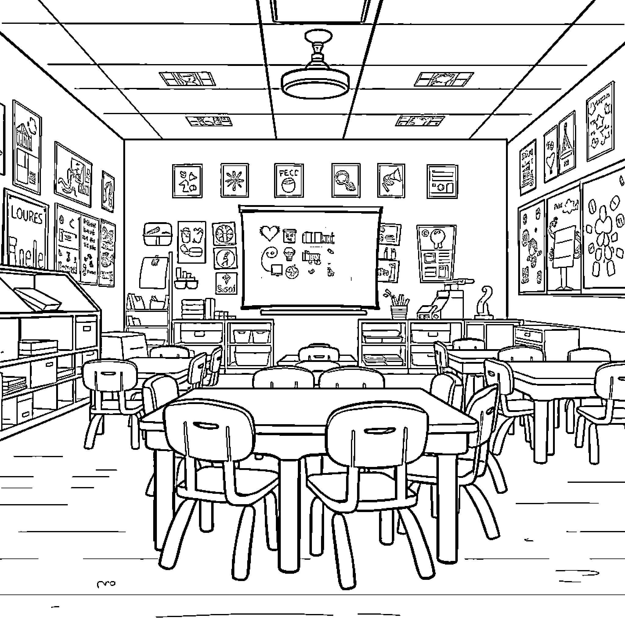 Classroom with Diverse Decor and Furnishings Coloring Page (free black-and-white line drawing printable PDF for all, from beginners to advanced learners, including children, teens, adults, and seniors)