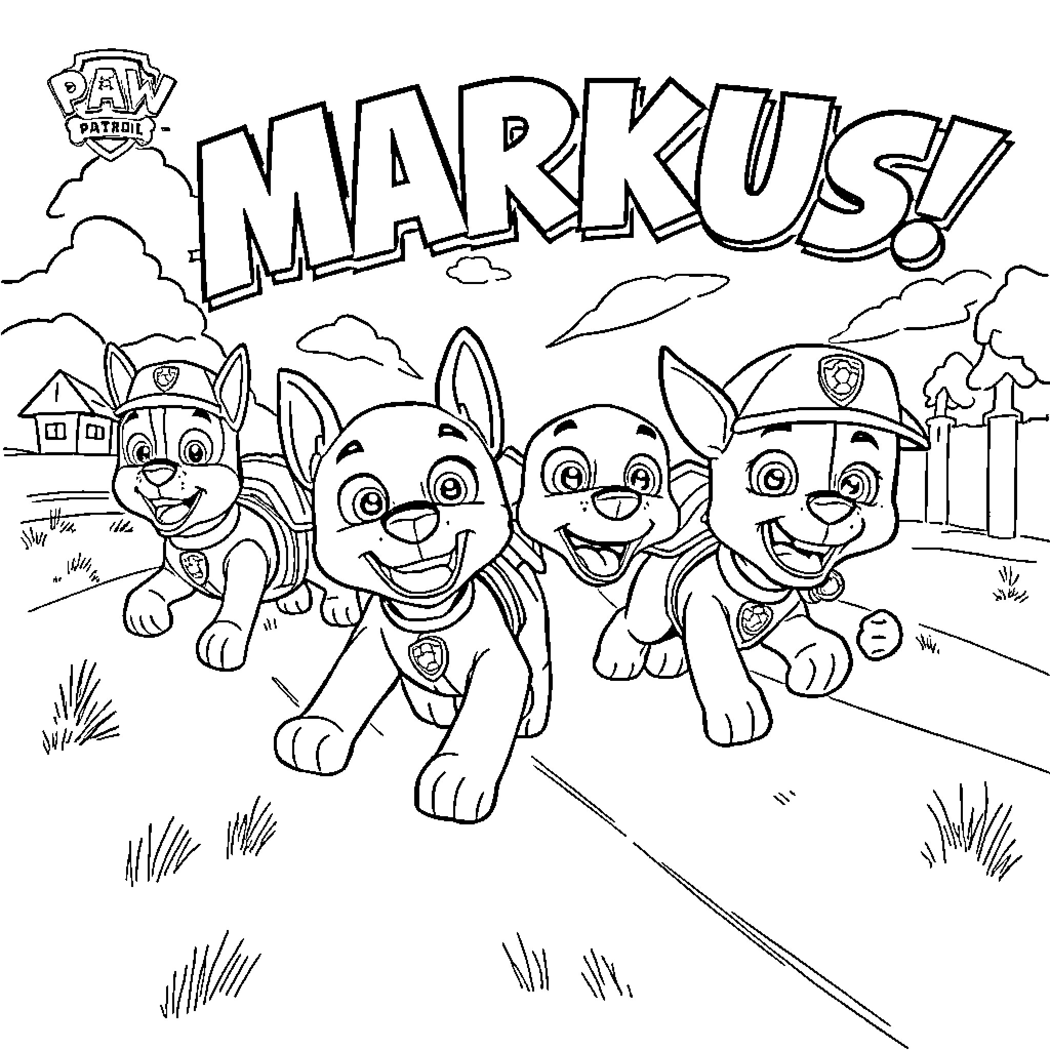 Chase the Paw Patrol pups on their adventure Coloring Page (free black-and-white line drawing printable PDF for all, from beginners to advanced learners, including children, teens, adults, and seniors)