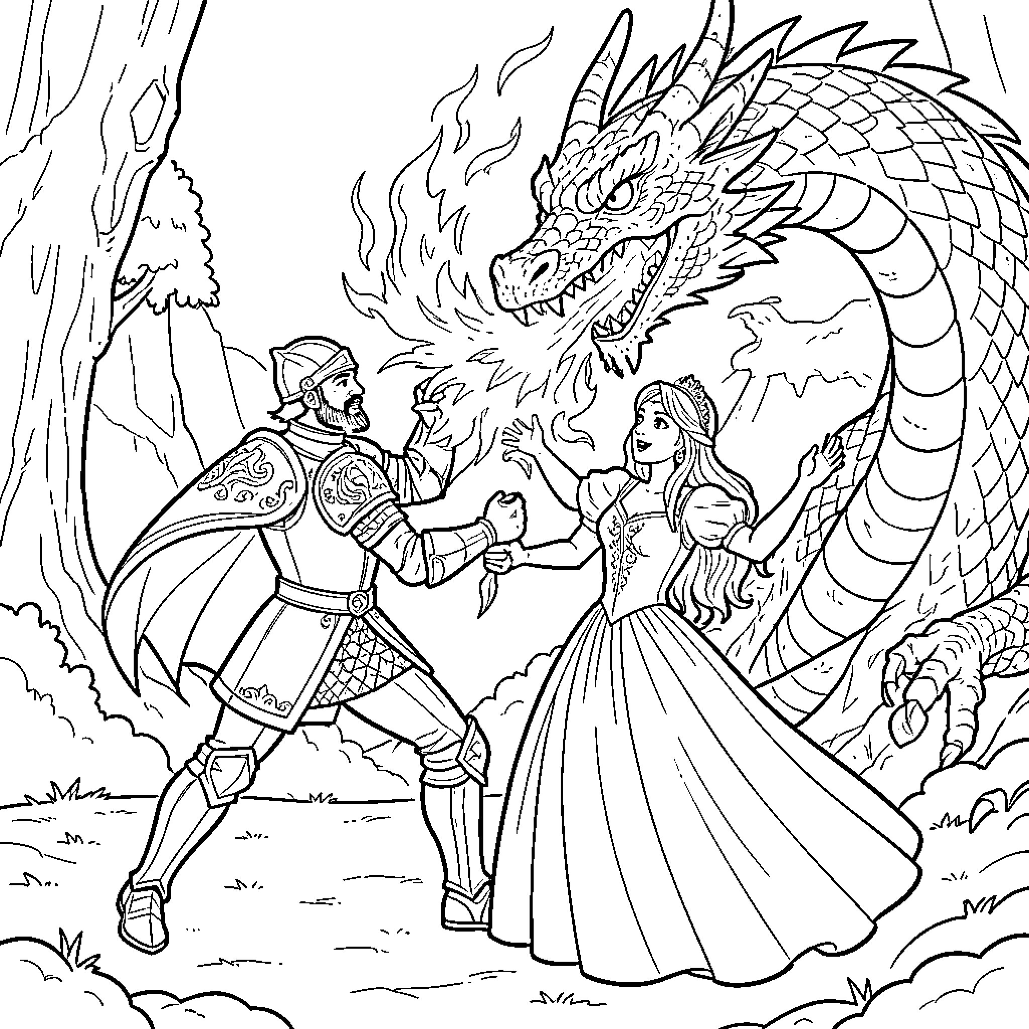Knight Battles Fierce Dragon to Rescue Maiden Coloring Page (free black-and-white line drawing printable PDF for all, from beginners to advanced learners, including children, teens, adults, and seniors)