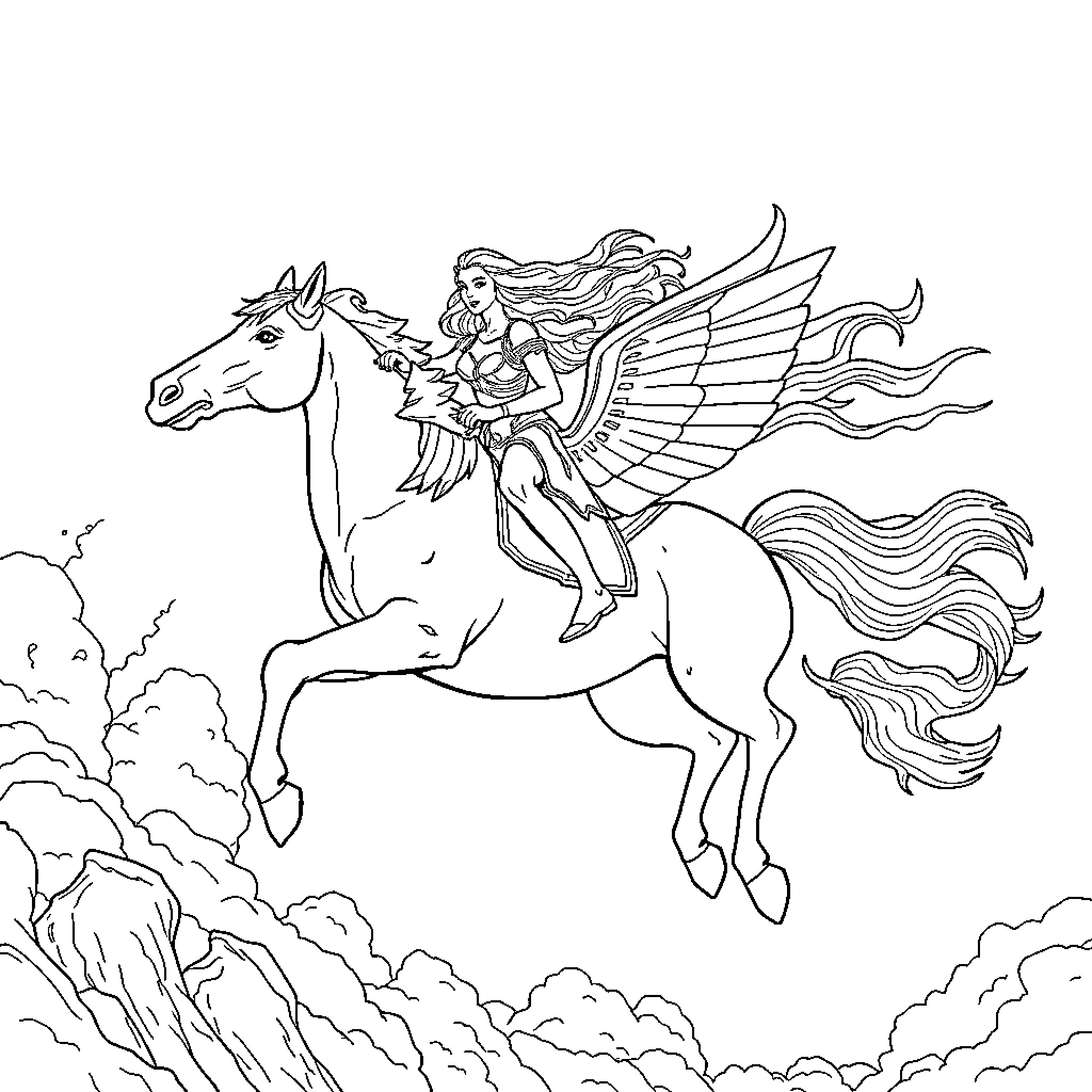 She-Ra riding a winged unicorn in the clouds Coloring Page (free black-and-white line drawing printable PDF for all, from beginners to advanced learners, including children, teens, adults, and seniors)