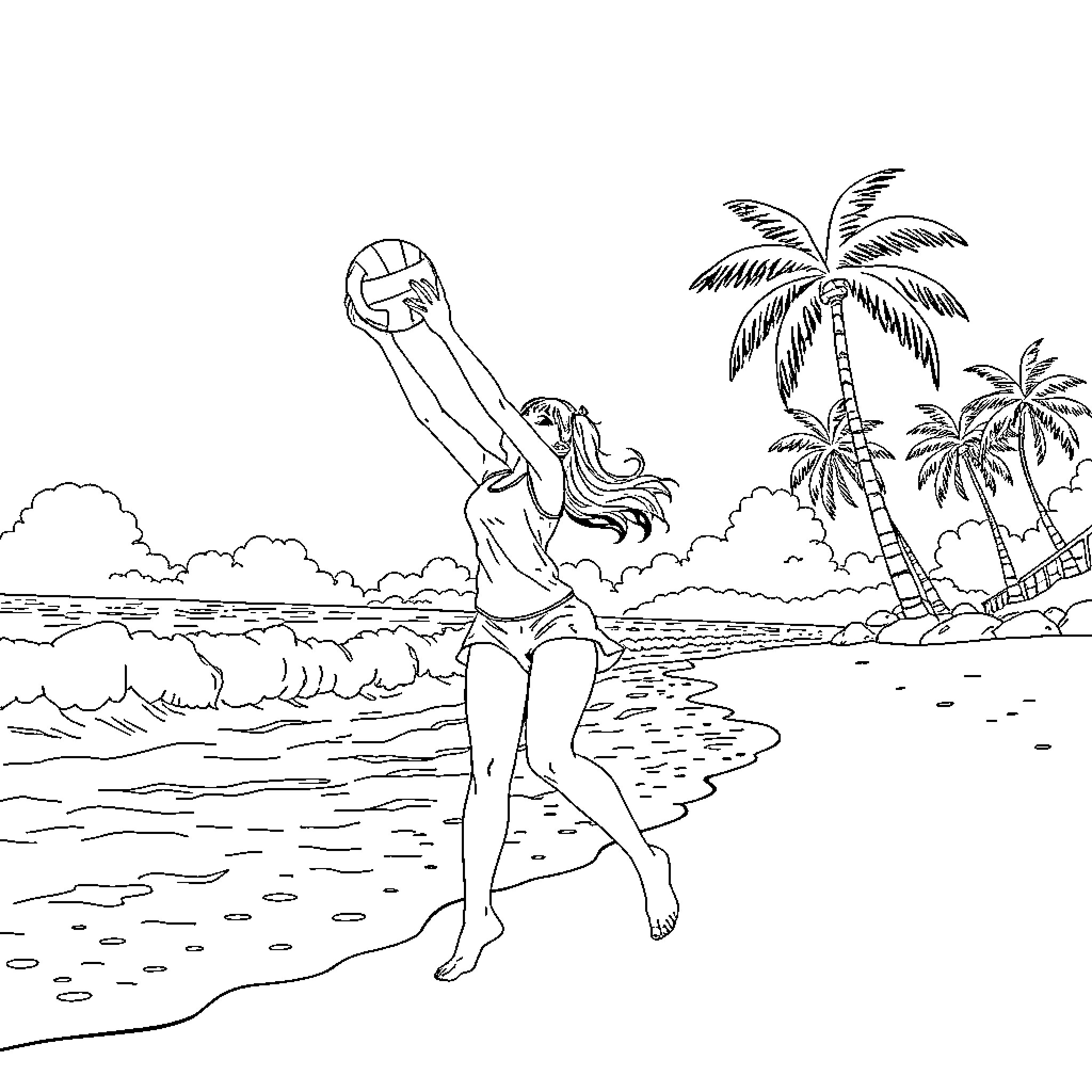 Mai Sakurajima playing volleyball on the beach Coloring Page (free black-and-white line drawing printable PDF for all, from beginners to advanced learners, including children, teens, adults, and seniors)