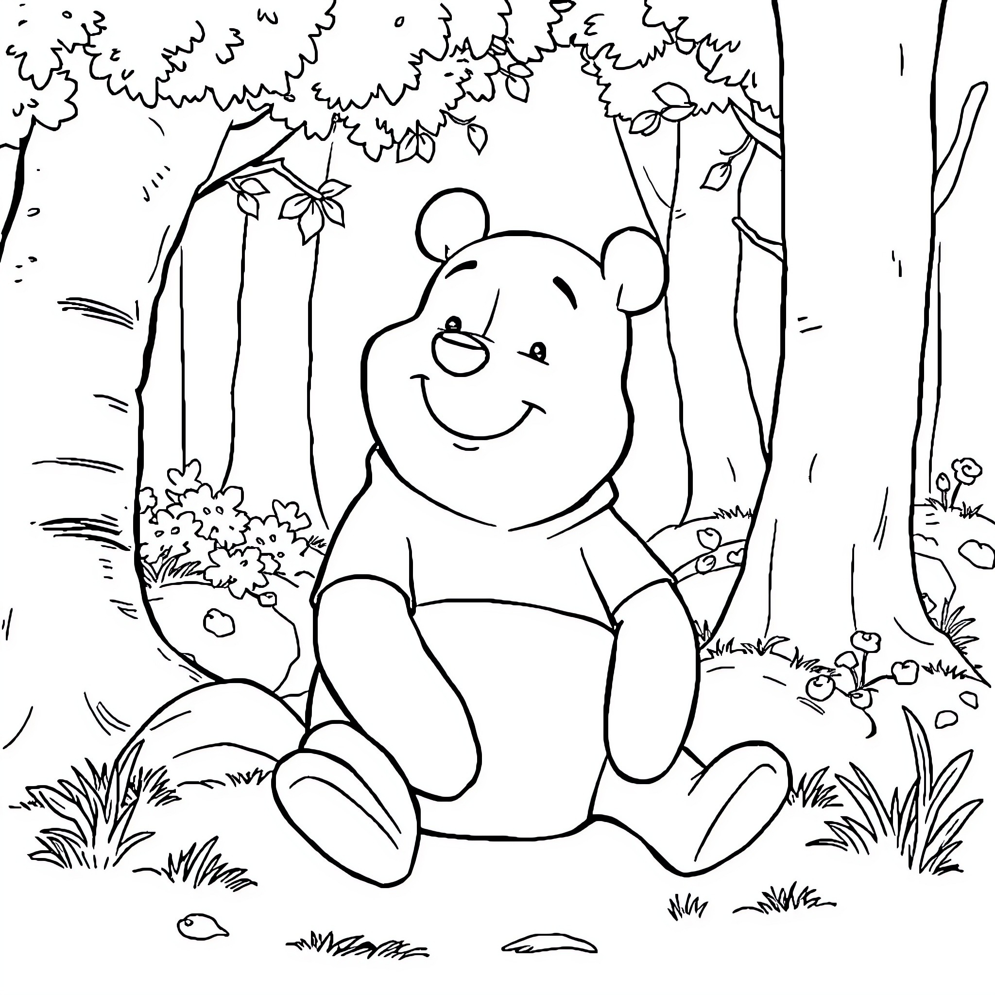 Winnie The Pooh enjoying a peaceful moment in the forest Coloring Page (free black-and-white line drawing printable PDF for all, from beginners to advanced learners, including children, teens, adults, and seniors)