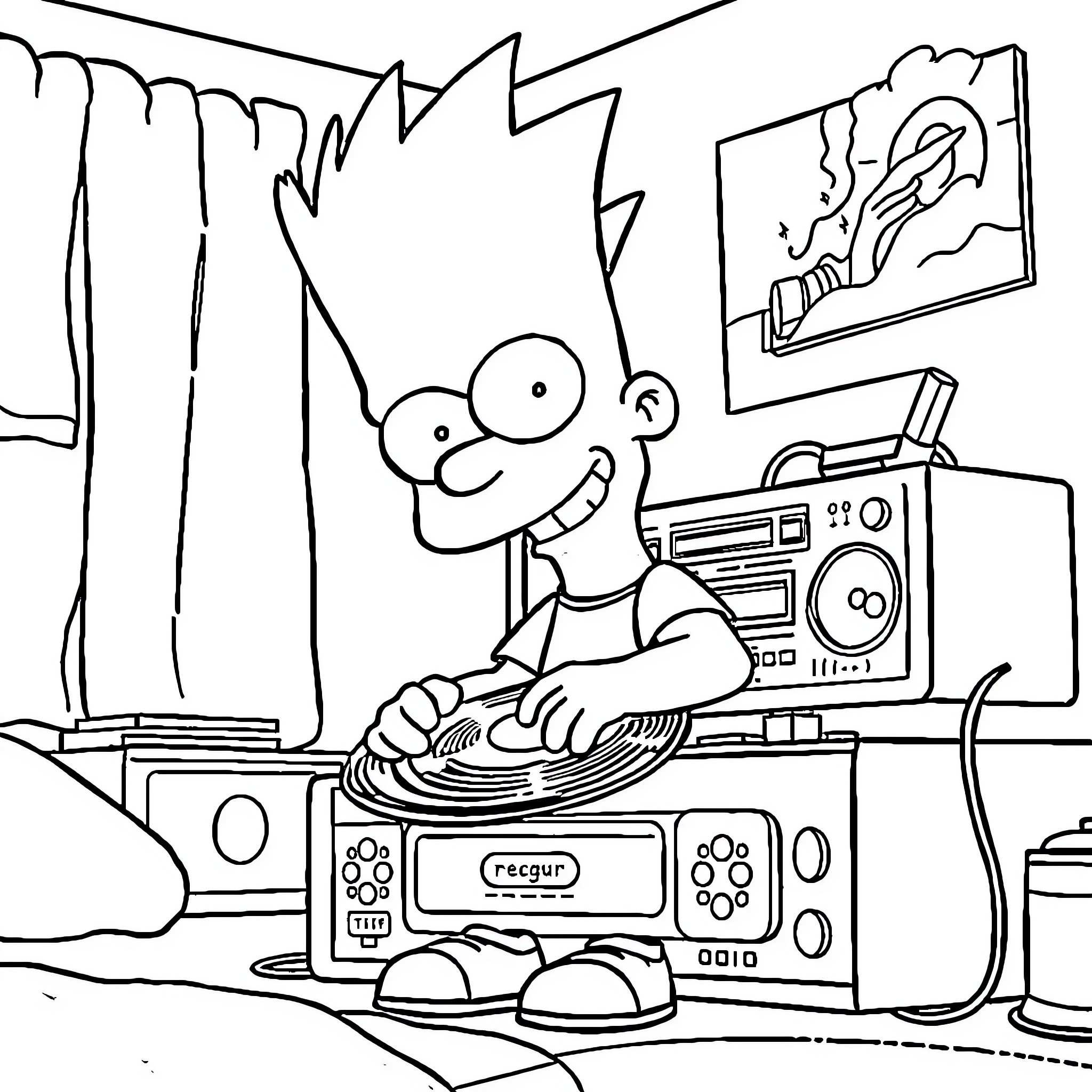 Bart Simpson playing video games in his room Coloring Page (free black-and-white line drawing printable PDF for all, from beginners to advanced learners, including children, teens, adults, and seniors)