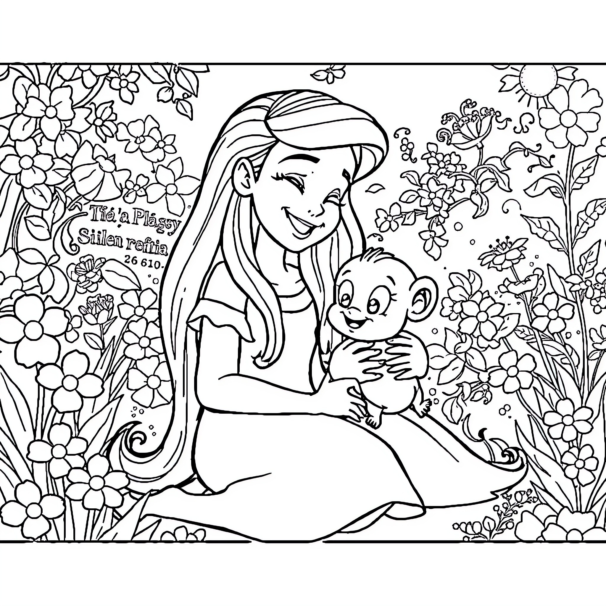 Raiponce enjoying nature with animal companion Coloring Page (free black-and-white line drawing printable PDF for all, from beginners to advanced learners, including children, teens, adults, and seniors)
