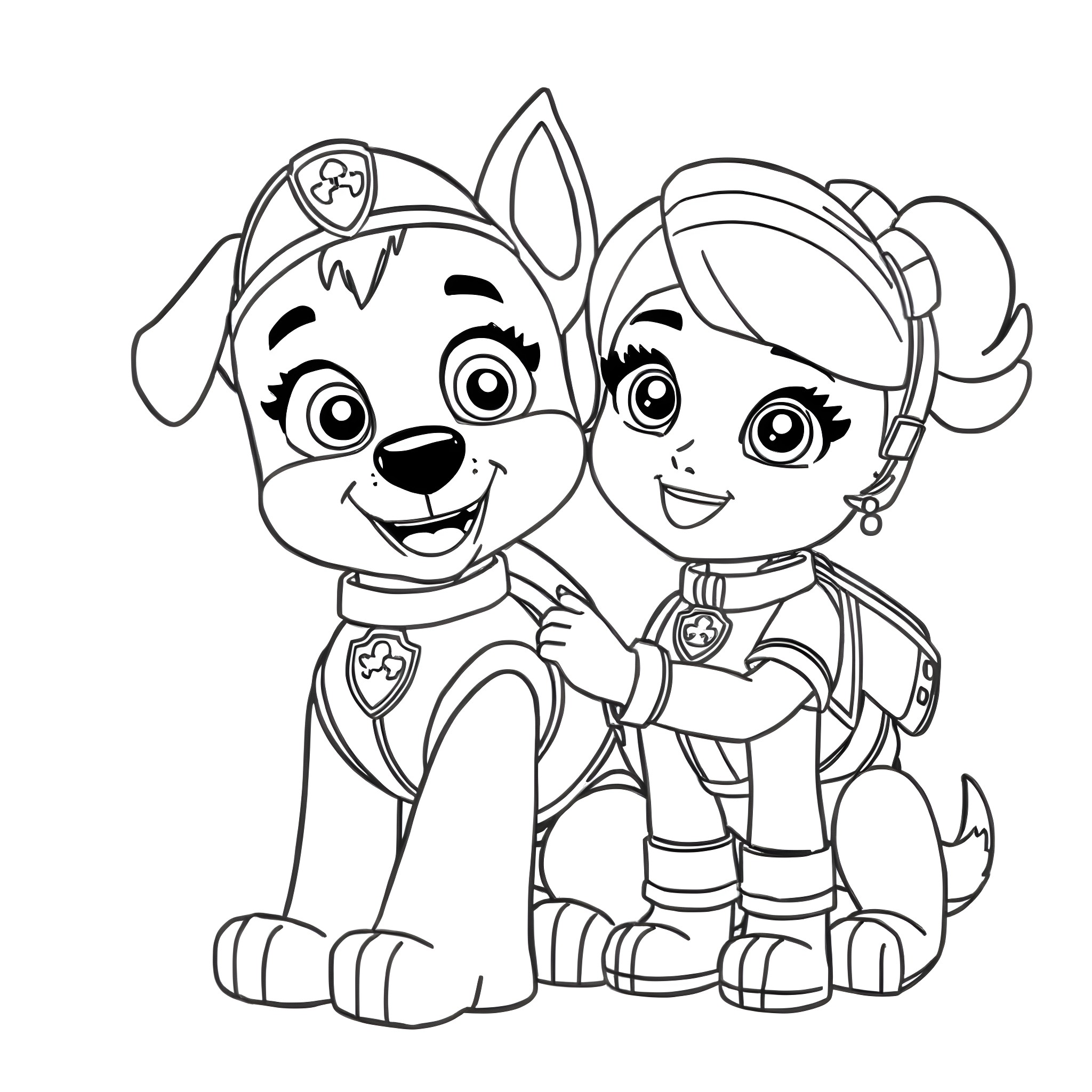 Skye and Everest from Paw Patrol working together Coloring Page (free black-and-white line drawing printable PDF for all, from beginners to advanced learners, including children, teens, adults, and seniors)