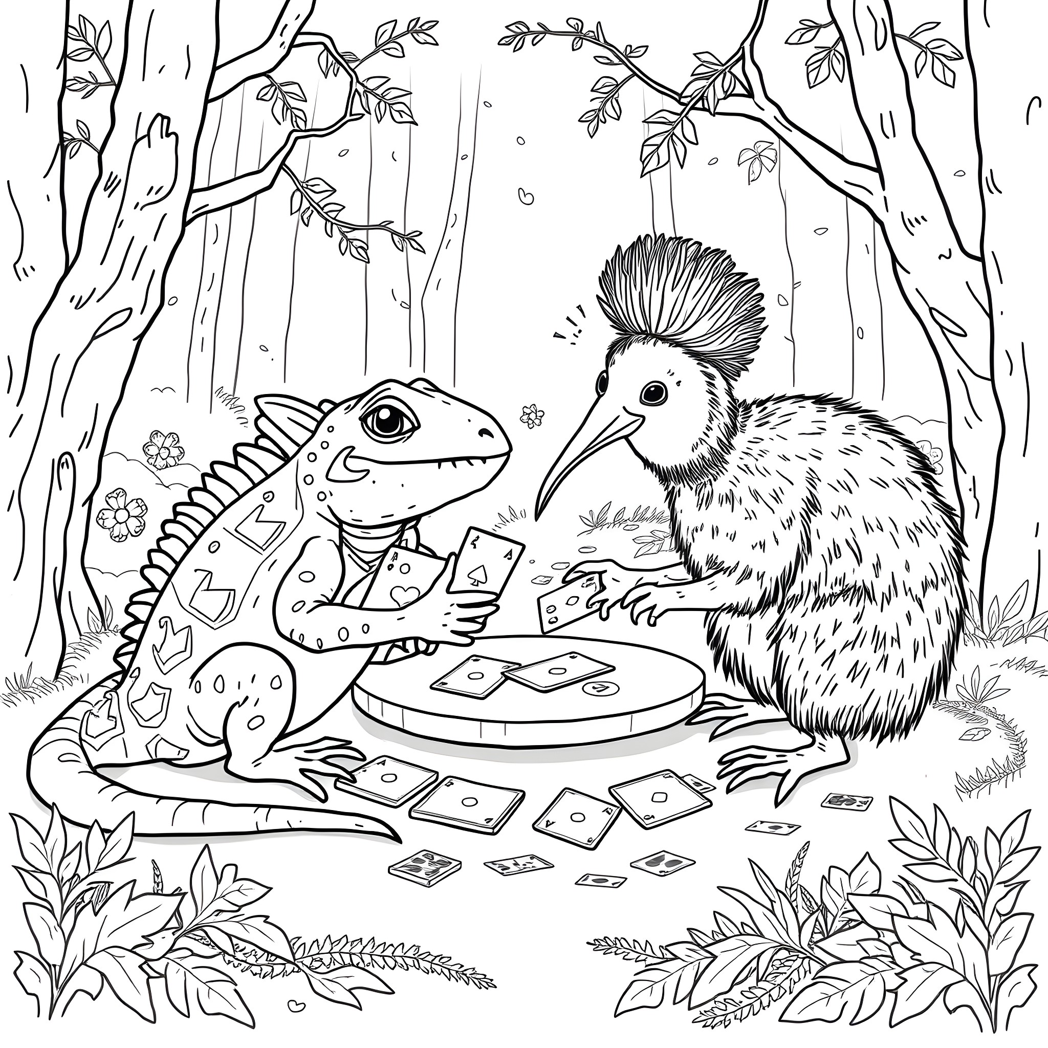 Tuatara and kiwi playing cards in the forest Coloring Page (free black-and-white line drawing printable PDF for all, from beginners to advanced learners, including children, teens, adults, and seniors)