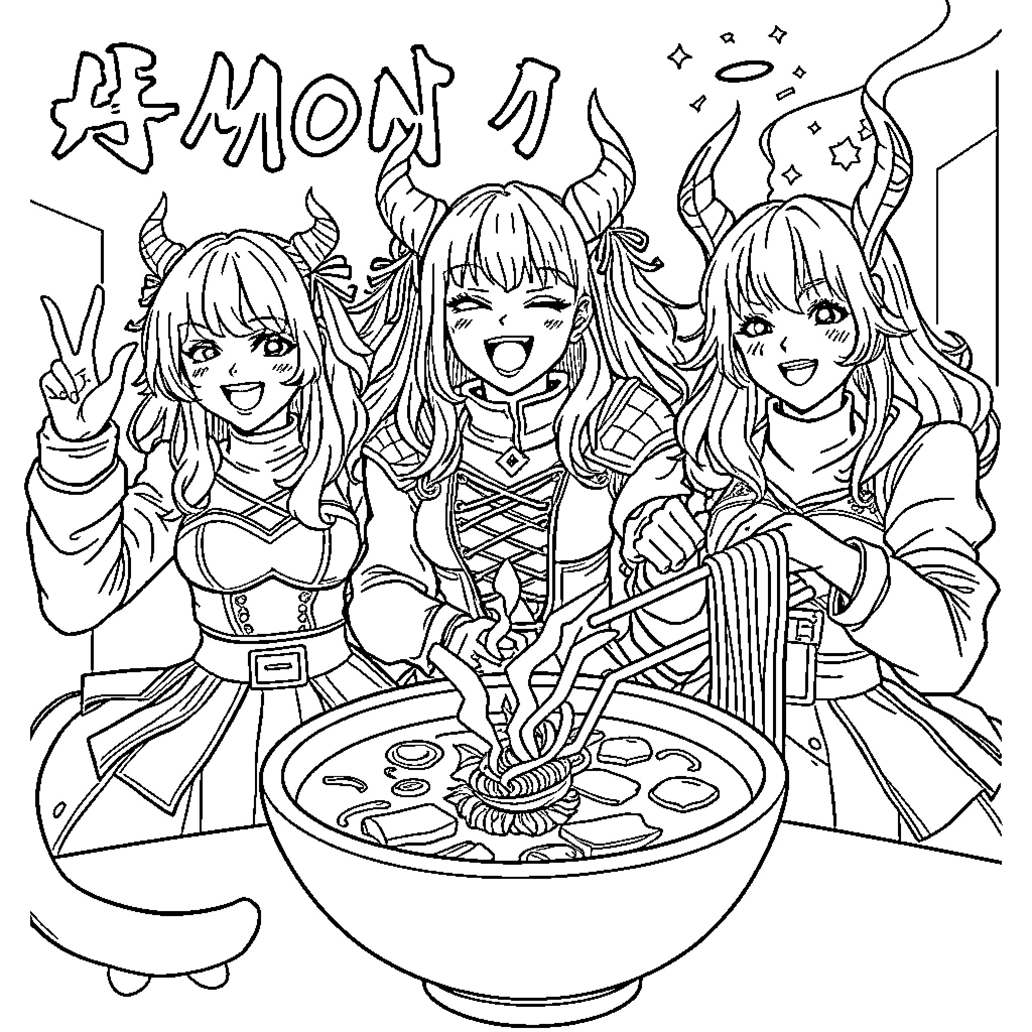 Demon Hunter Friends Enjoying Hot Pot Meal Coloring Page (free black-and-white line drawing printable PDF for all, from beginners to advanced learners, including children, teens, adults, and seniors)