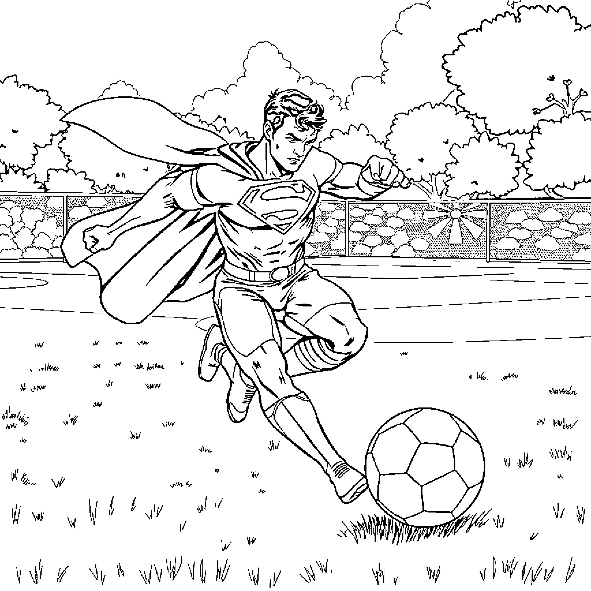 Superman kicking soccer ball in action-packed scene Coloring Page (free black-and-white line drawing printable PDF for all, from beginners to advanced learners, including children, teens, adults, and seniors)
