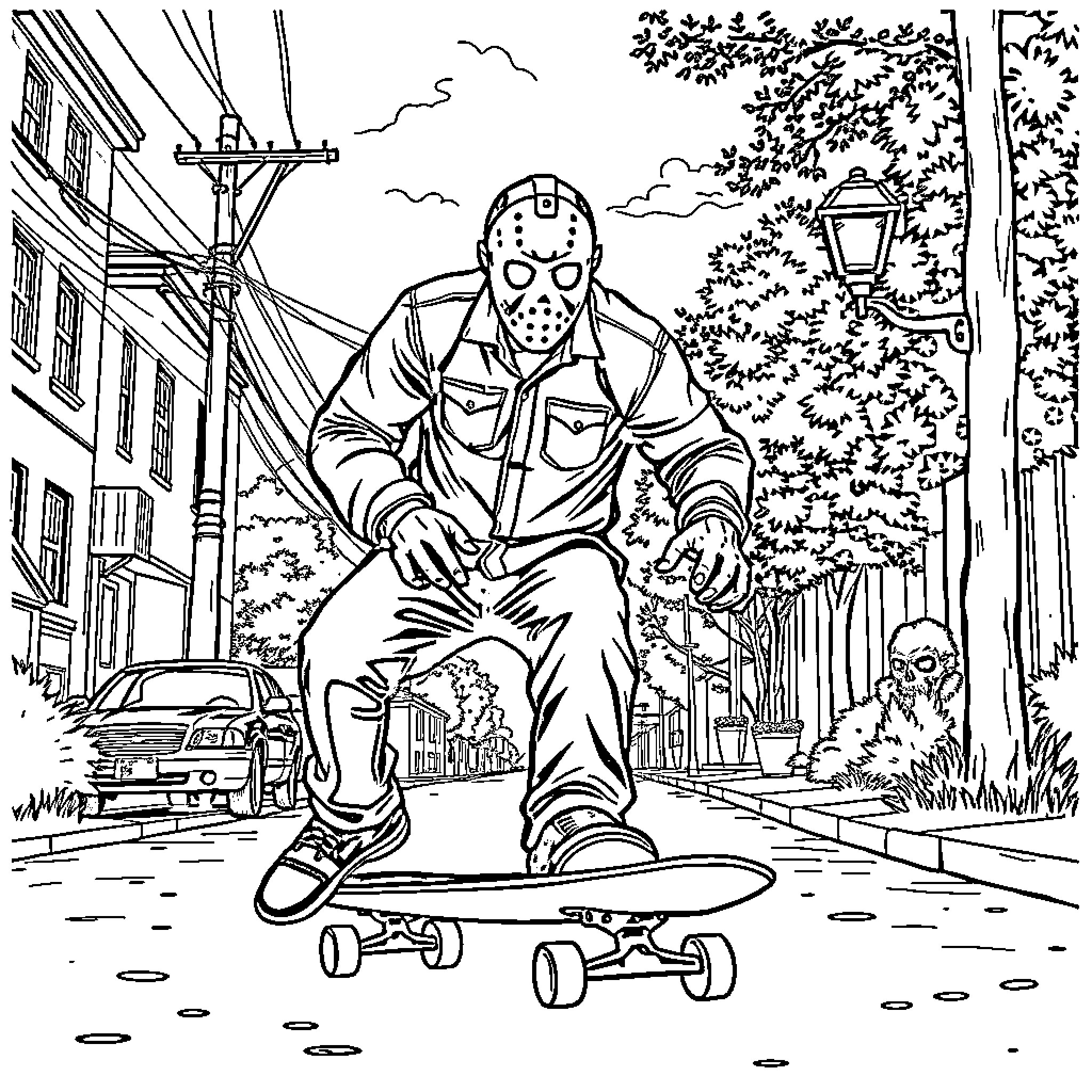 Jason Voorhees terrorizing the neighborhood on a skateboard Coloring Page (free black-and-white line drawing printable PDF for all, from beginners to advanced learners, including children, teens, adults, and seniors)
