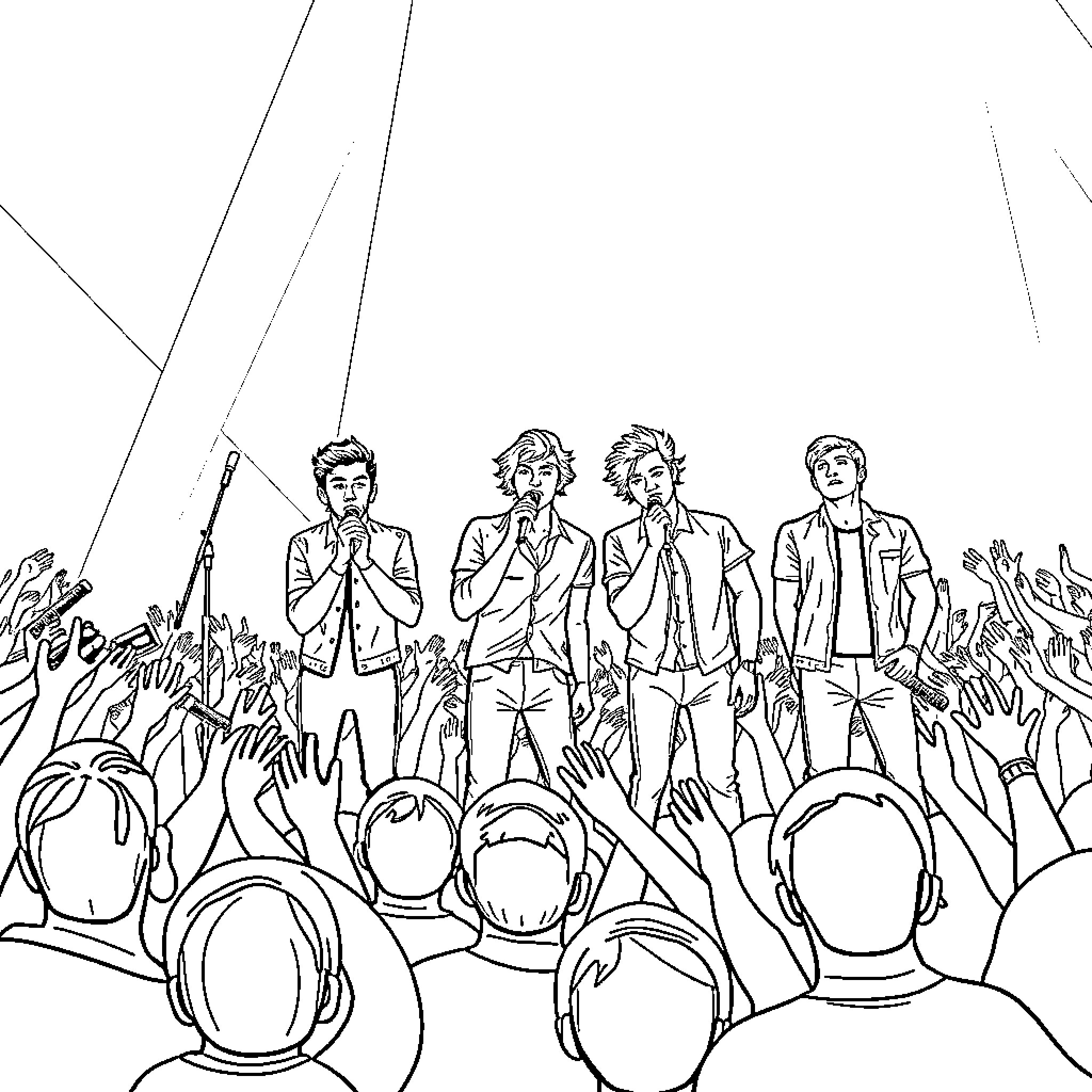 One Direction Performing on Stage for Cheering Fans Coloring Page (free black-and-white line drawing printable PDF for all, from beginners to advanced learners, including children, teens, adults, and seniors)
