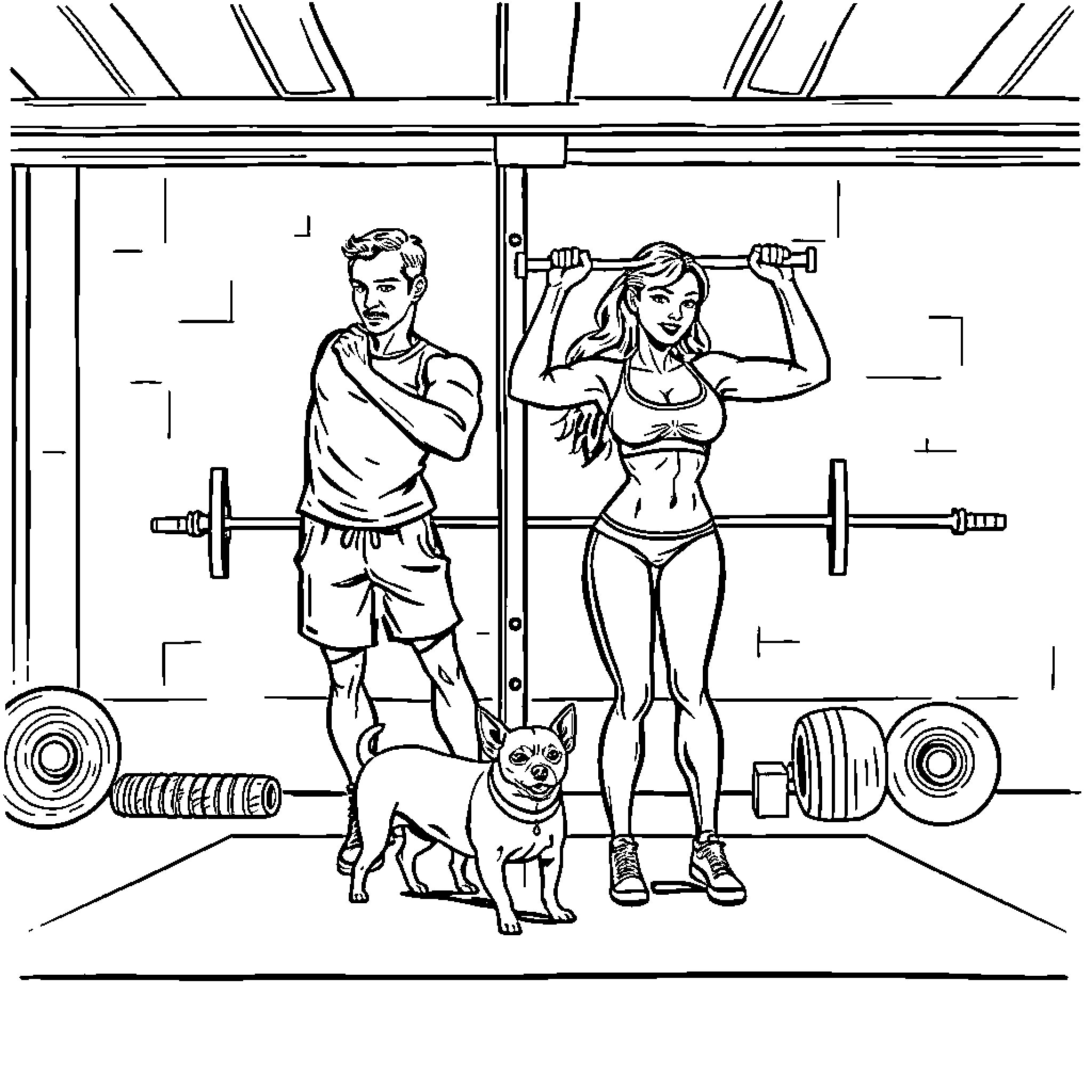 Chihuahua and Fitness Enthusiasts in Gym Coloring Page (free black-and-white line drawing printable PDF for all, from beginners to advanced learners, including children, teens, adults, and seniors)