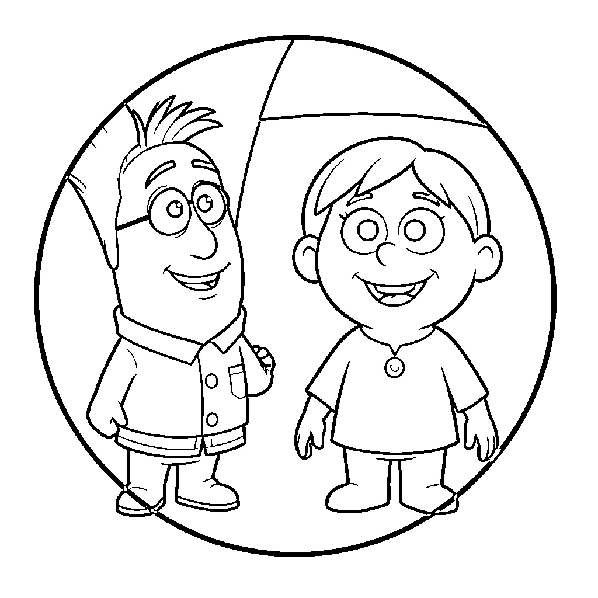Riley and a friend smiling together in a circle Coloring Page (free black-and-white line drawing printable PDF for all, from beginners to advanced learners, including children, teens, adults, and seniors)