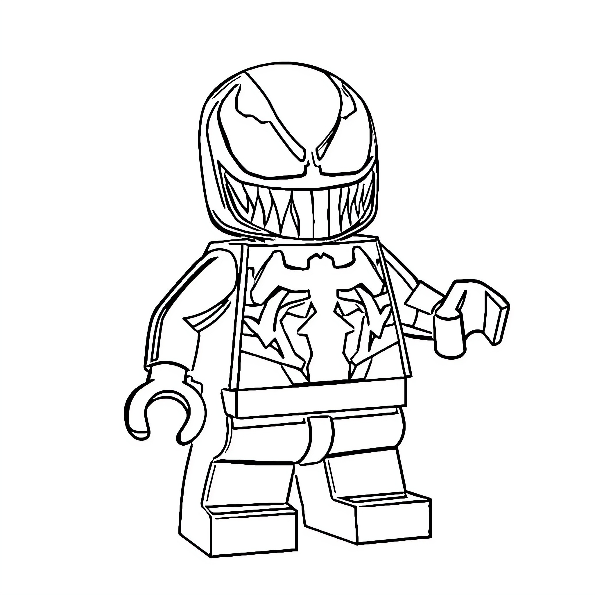 Venom Lego Minifigure in Action Pose Coloring Page (free black-and-white line drawing printable PDF for all, from beginners to advanced learners, including children, teens, adults, and seniors)