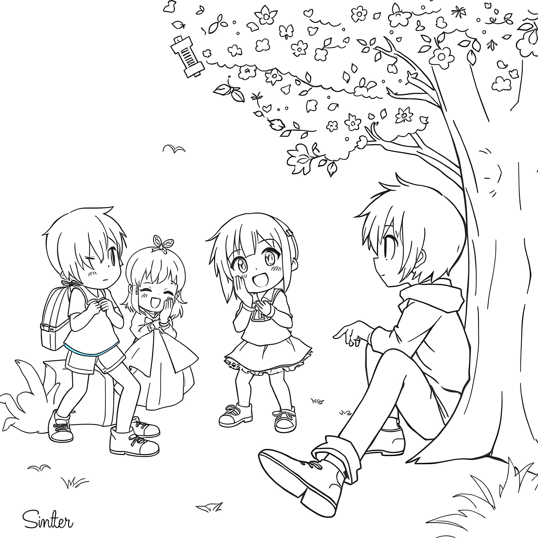 Anime characters enjoying a spring day under blooming trees Coloring Page (free black-and-white line drawing printable PDF for all, from beginners to advanced learners, including children, teens, adults, and seniors)