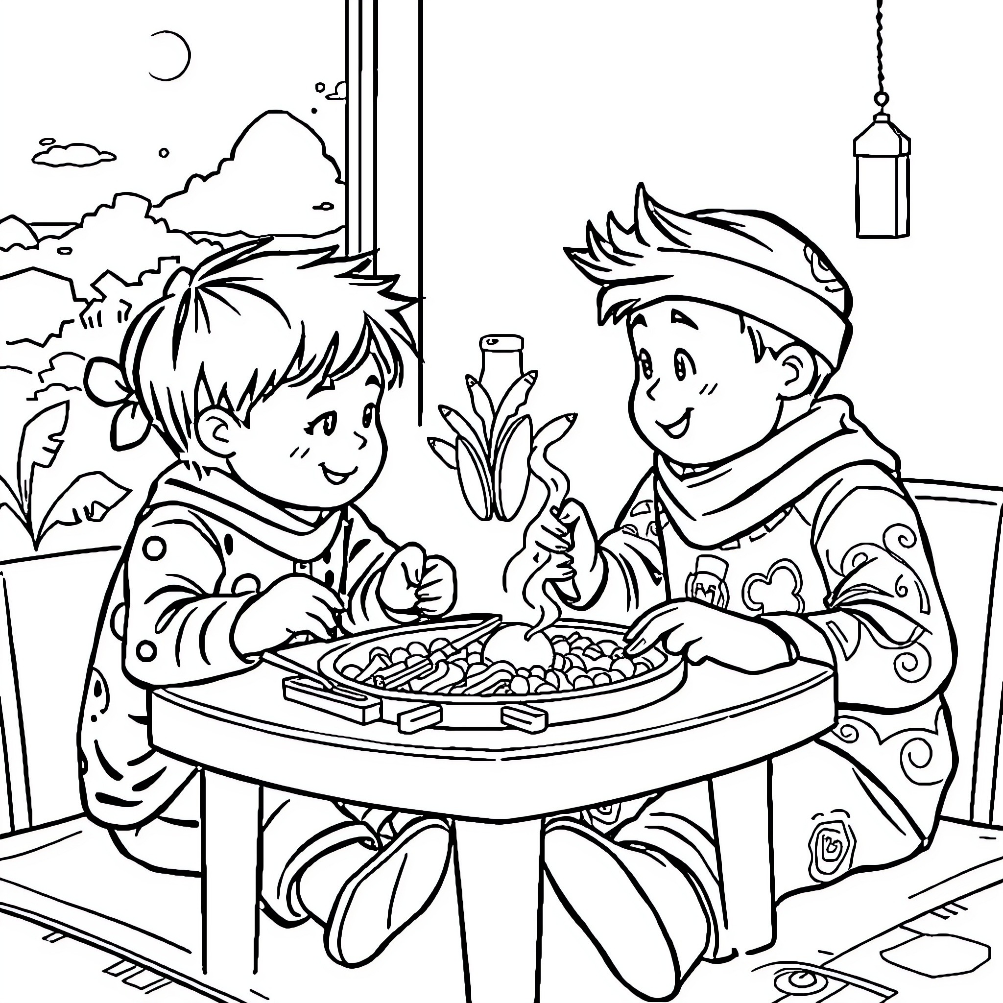 Roblox Characters Enjoying a Festive Meal Together Coloring Page (free black-and-white line drawing printable PDF for all, from beginners to advanced learners, including children, teens, adults, and seniors)